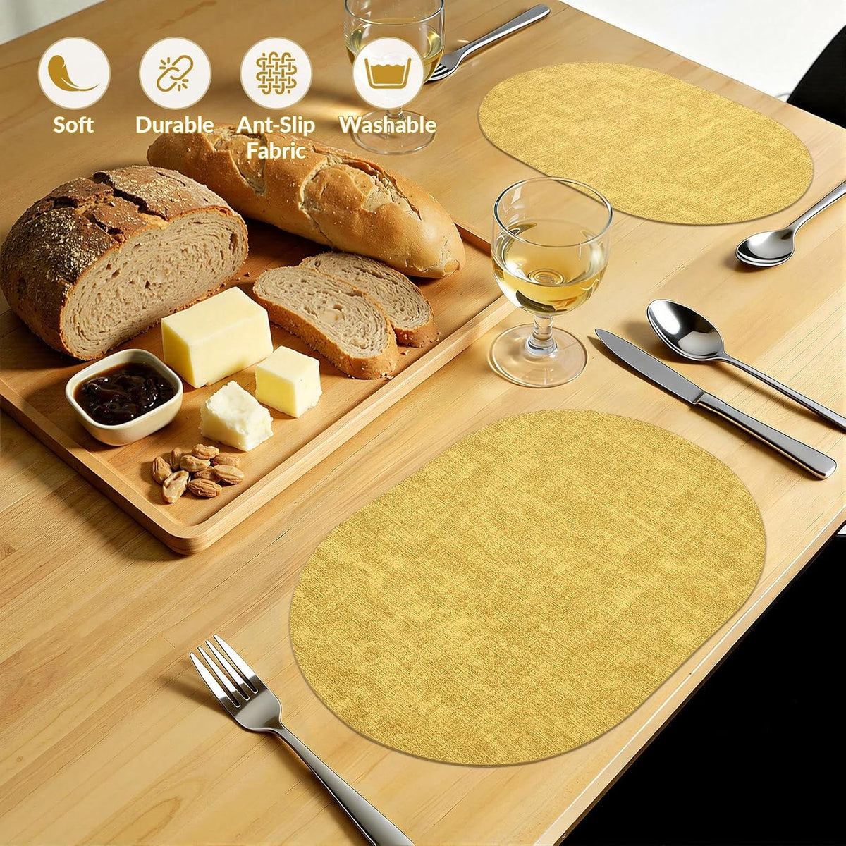 Placemats Set of 4, 11.8 x 17 Inch, Yellow | Heat Resistant Oval Faux Leather Place Mats, Waterproof Wipeable