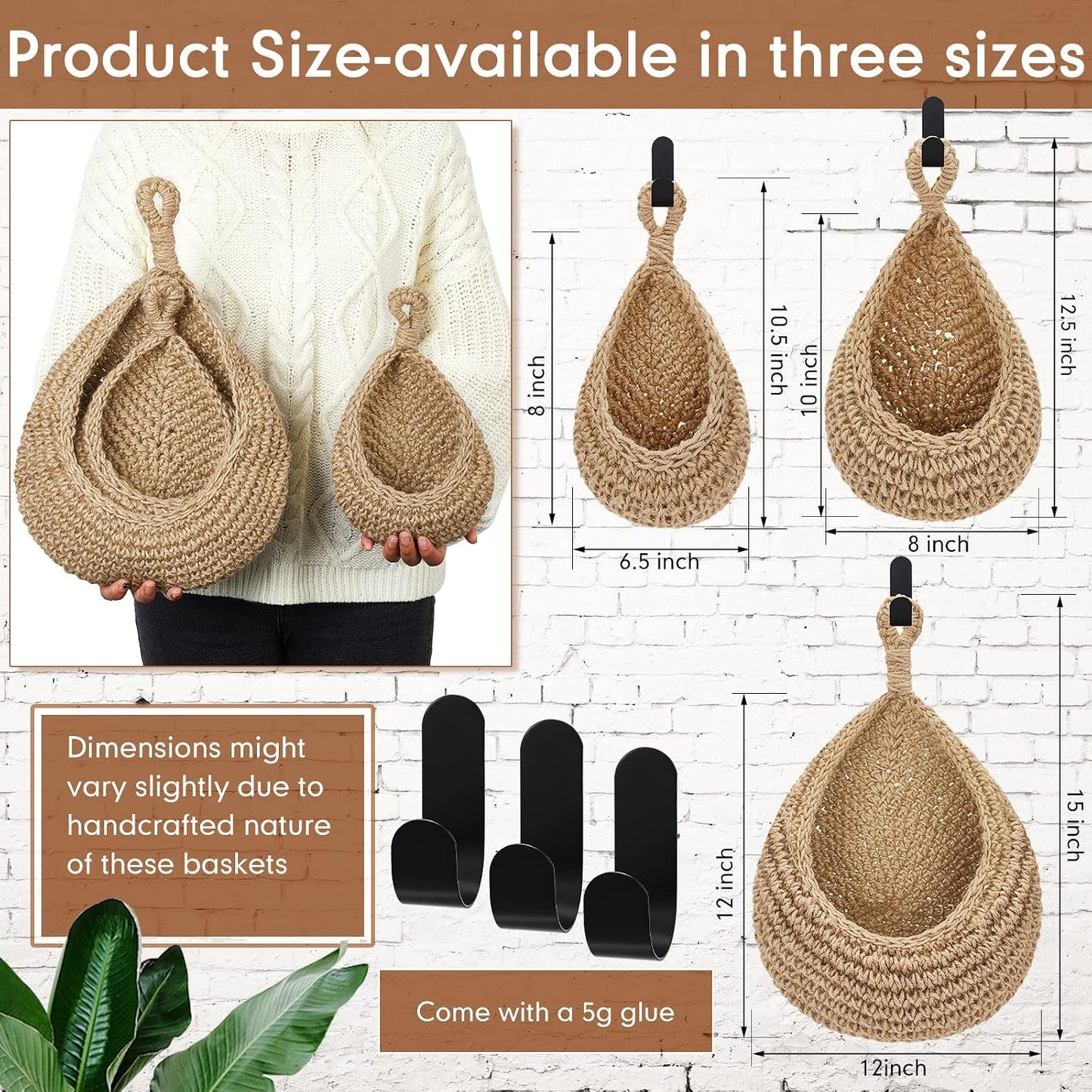 Boho Decor Hanging Wall Baskets / Light Linen / Cotton Rope / Teardrop / Set of 3
