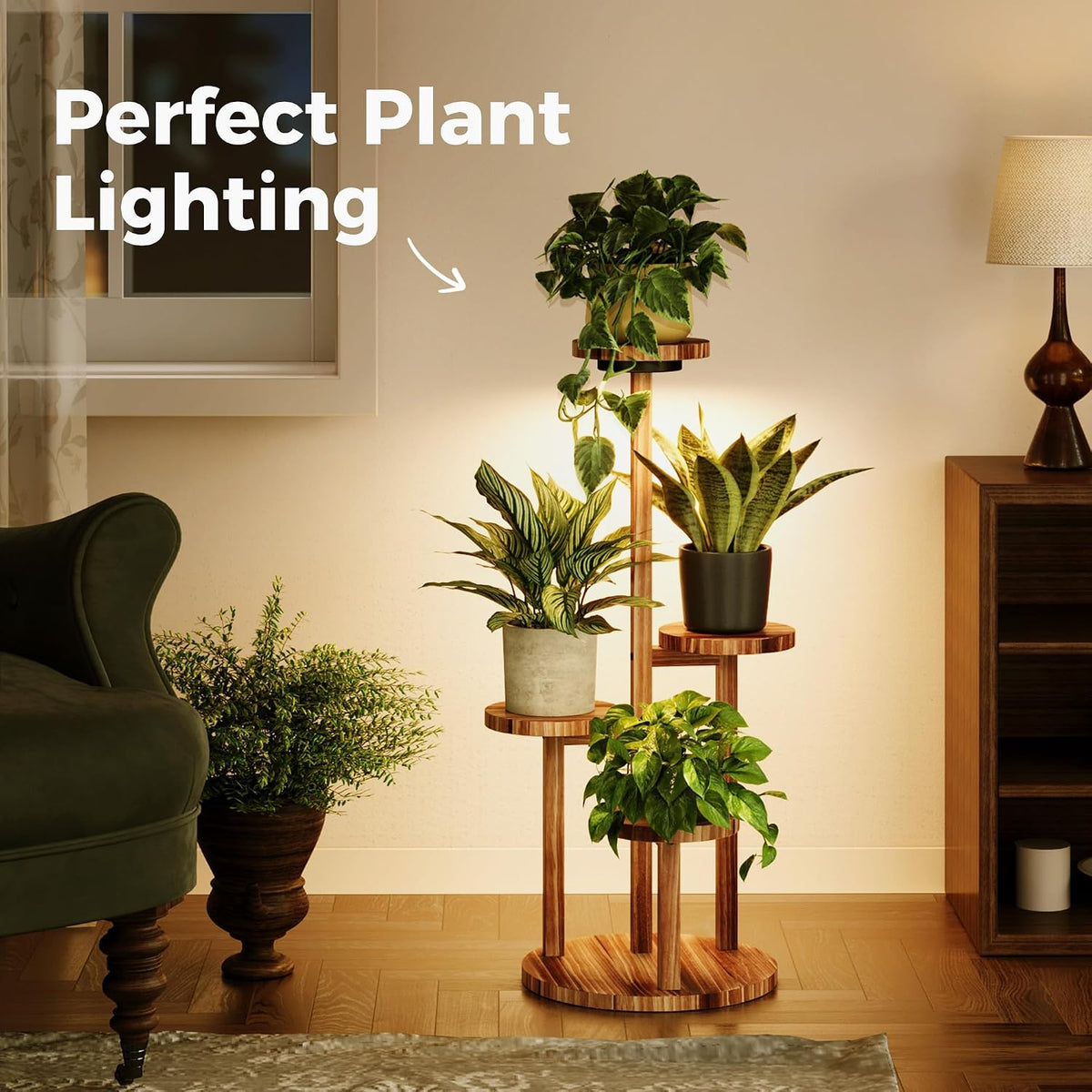 Bamworld Plant Stand Indoor with Grow Lights Plant Shelf 4 Tier Wood | plant holders for Multiple Plants Tall Corner