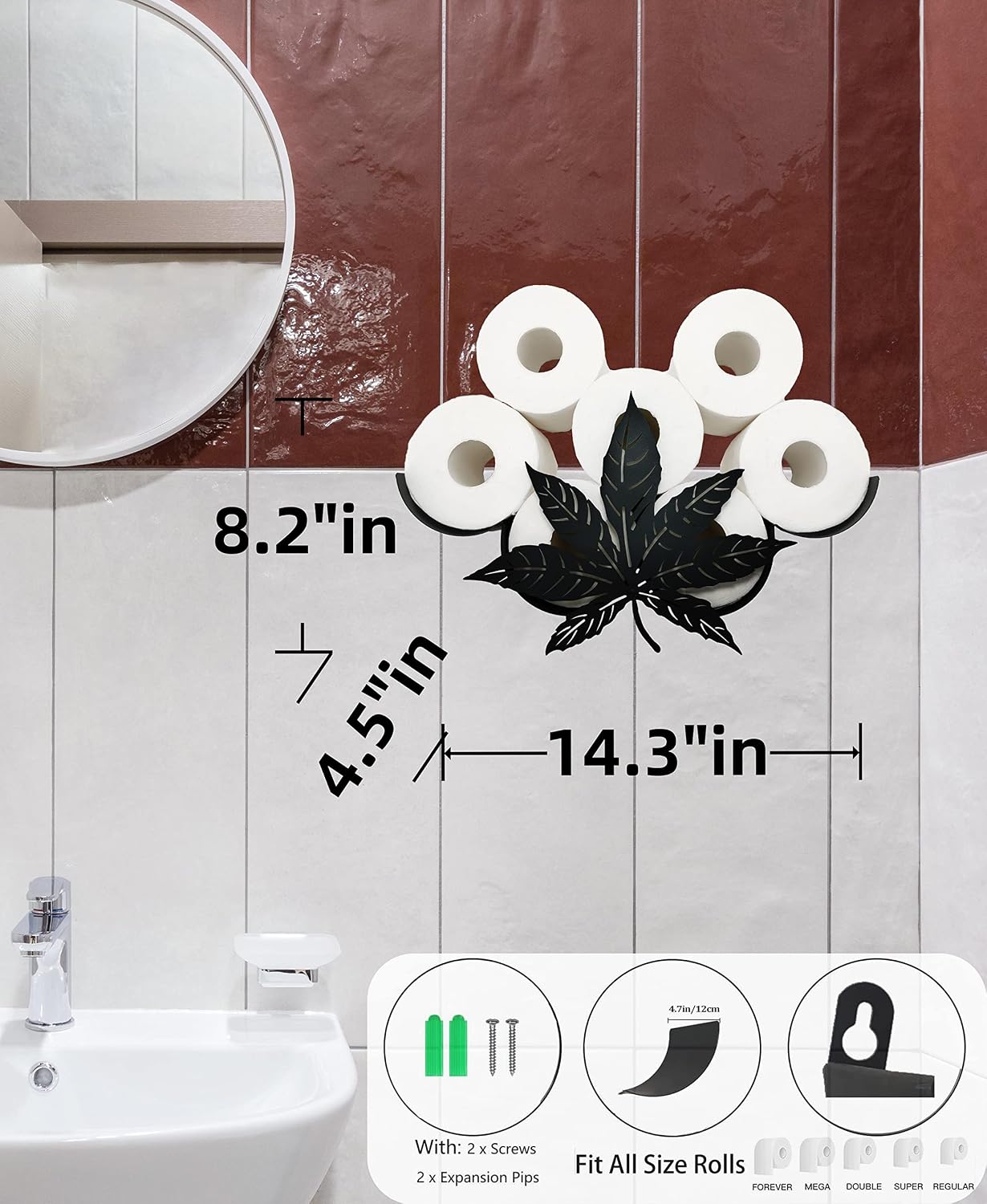 Metal Leaves Wall Toilet Paper Storage - Black Tissue Holder, Cute Wall Organizer for 8 Rolls