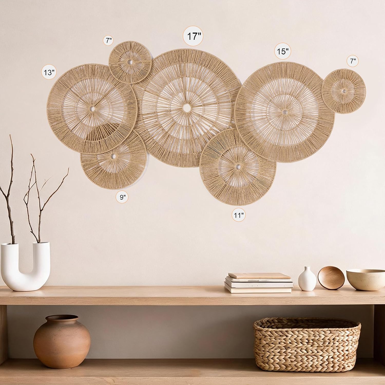 Handwoven Boho Baskets Wall Decor / Large / Brown / Set of 7