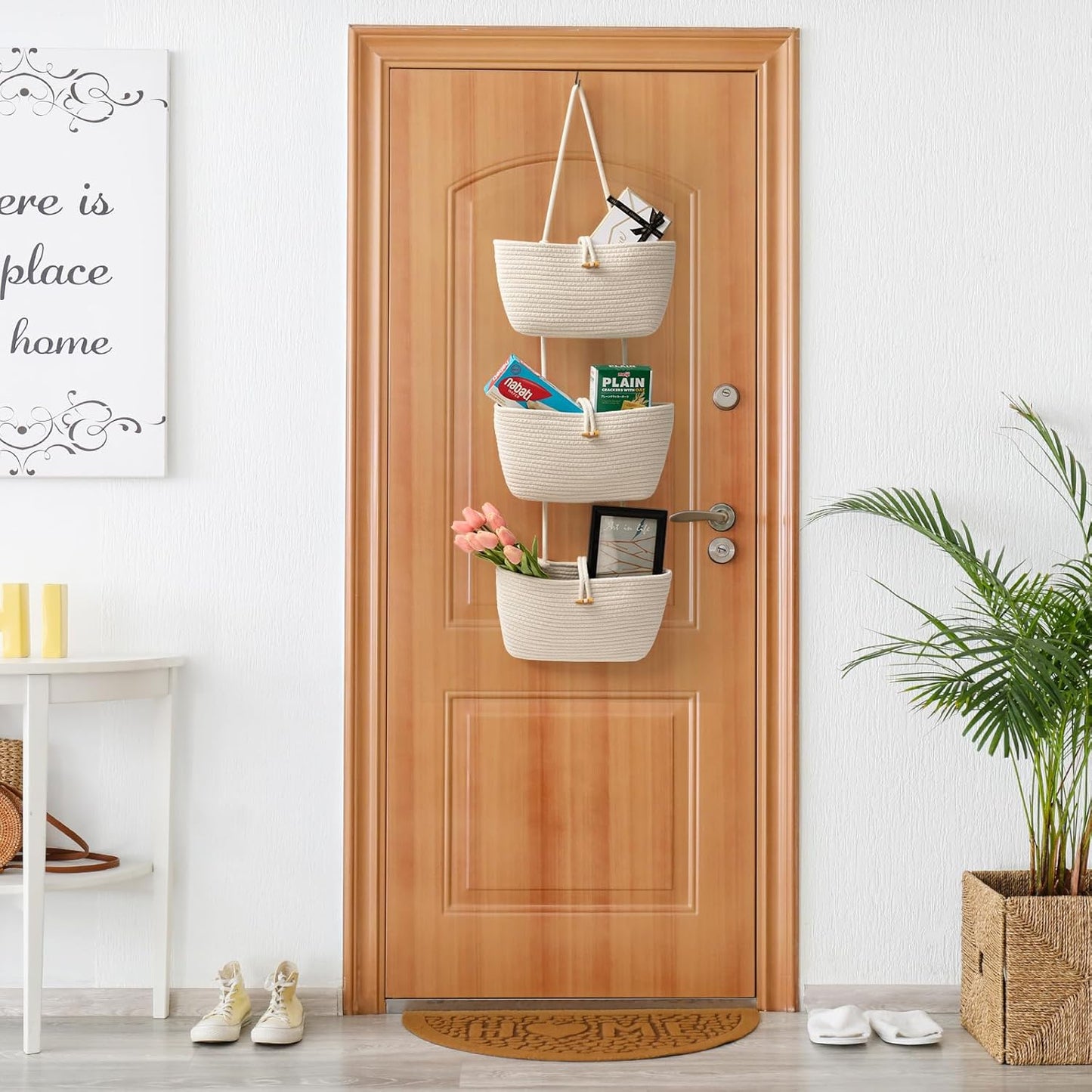 3-Tier Woven Cotton Storage Organizer Bag / White / 3 Tier+button