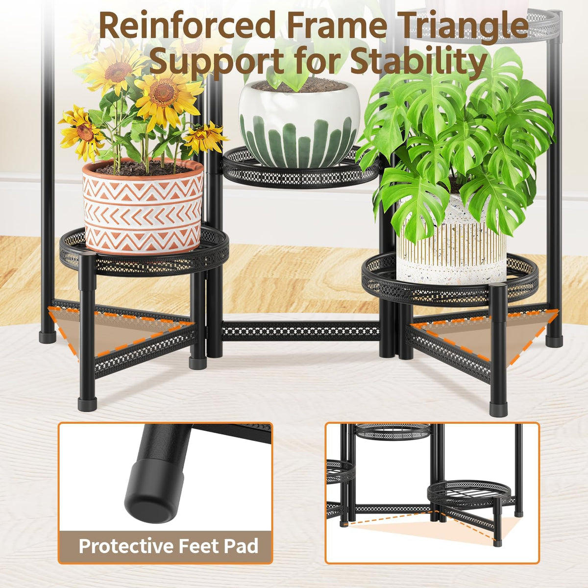 LASZOLA Plant Stand Indoor Outdoor Tall with 10 Inch Larger Tray, Black | 5 Tier Heavy Duty Metal Adjustable Multiple