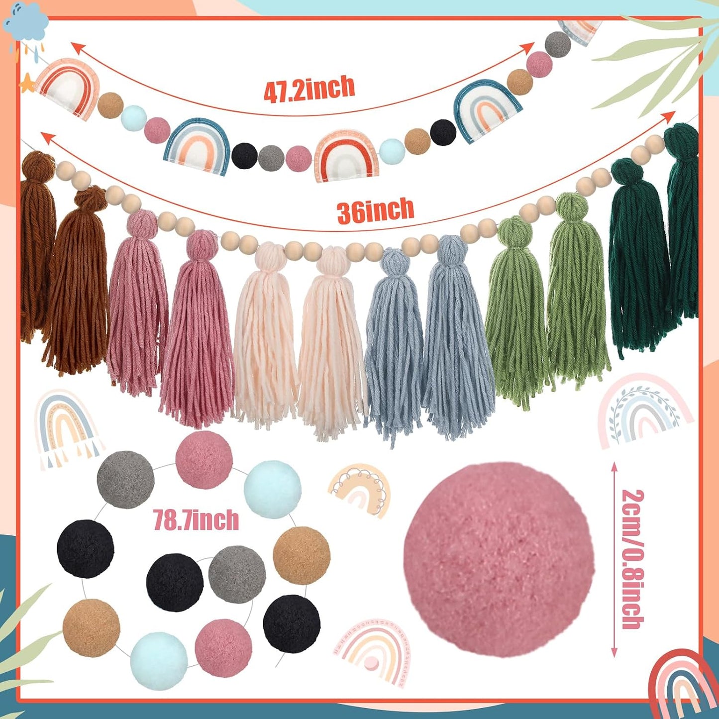 Boho Tassel Garland Wood Bead Tassel Garland Colorful Felt Rainbow Pom Pom / Sage Green / Set of 4
