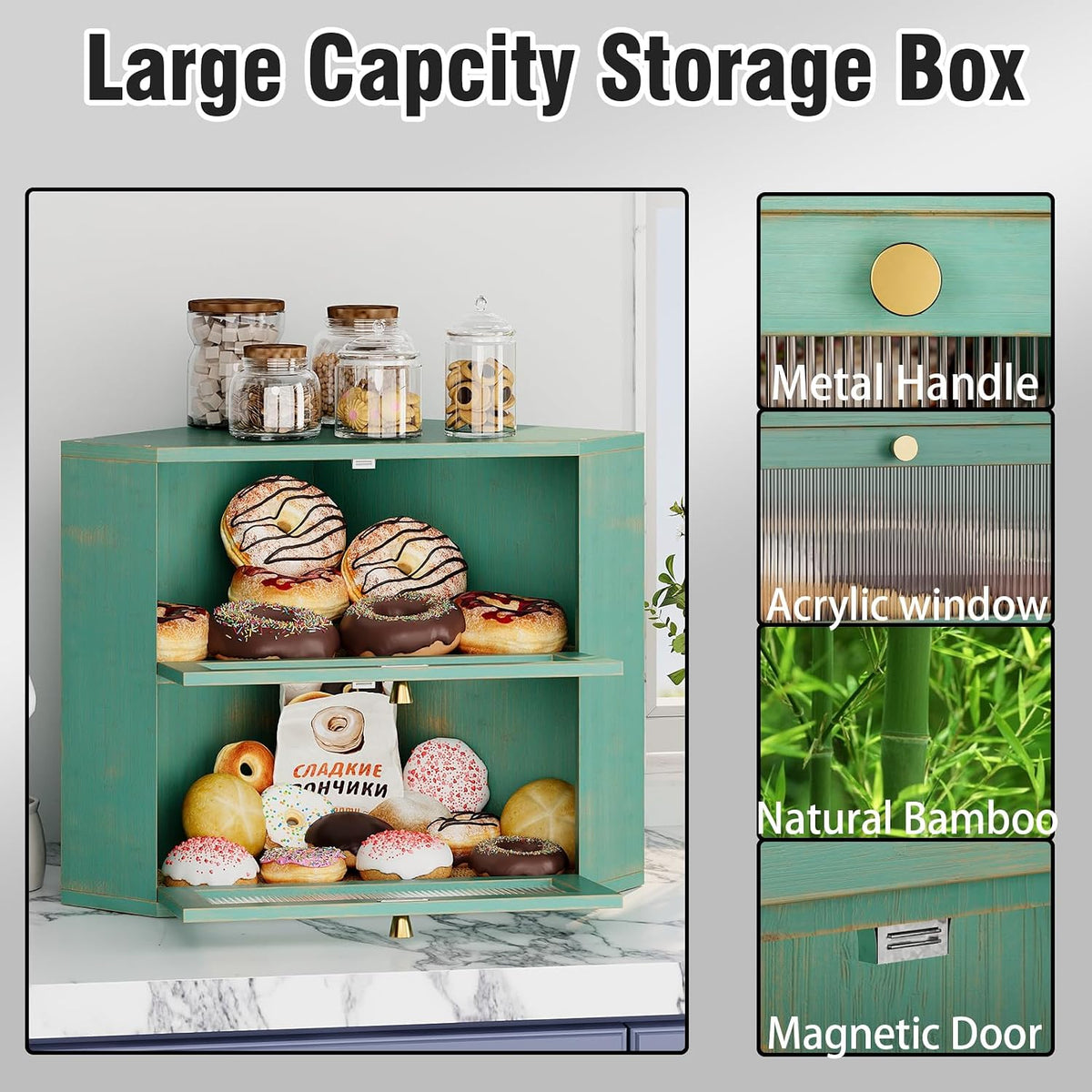 Trironsun Corner Bamboo Bread Box for Kitchen Counter Double Layer Bread Storage Container Large Capacity Bread Storage