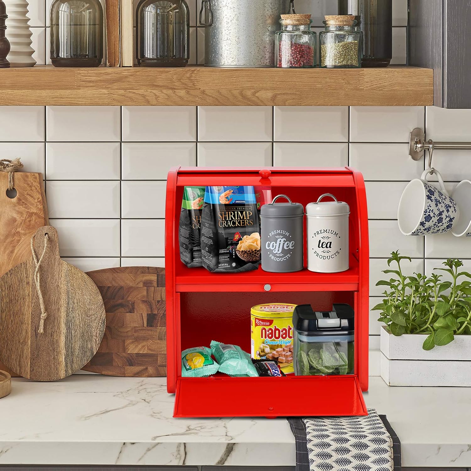 Widousy 2 Layer Metal Bread Boxes, Bread Box Storage Bin Kitchen Container with Roll Top Lid Iron Countertop Containers