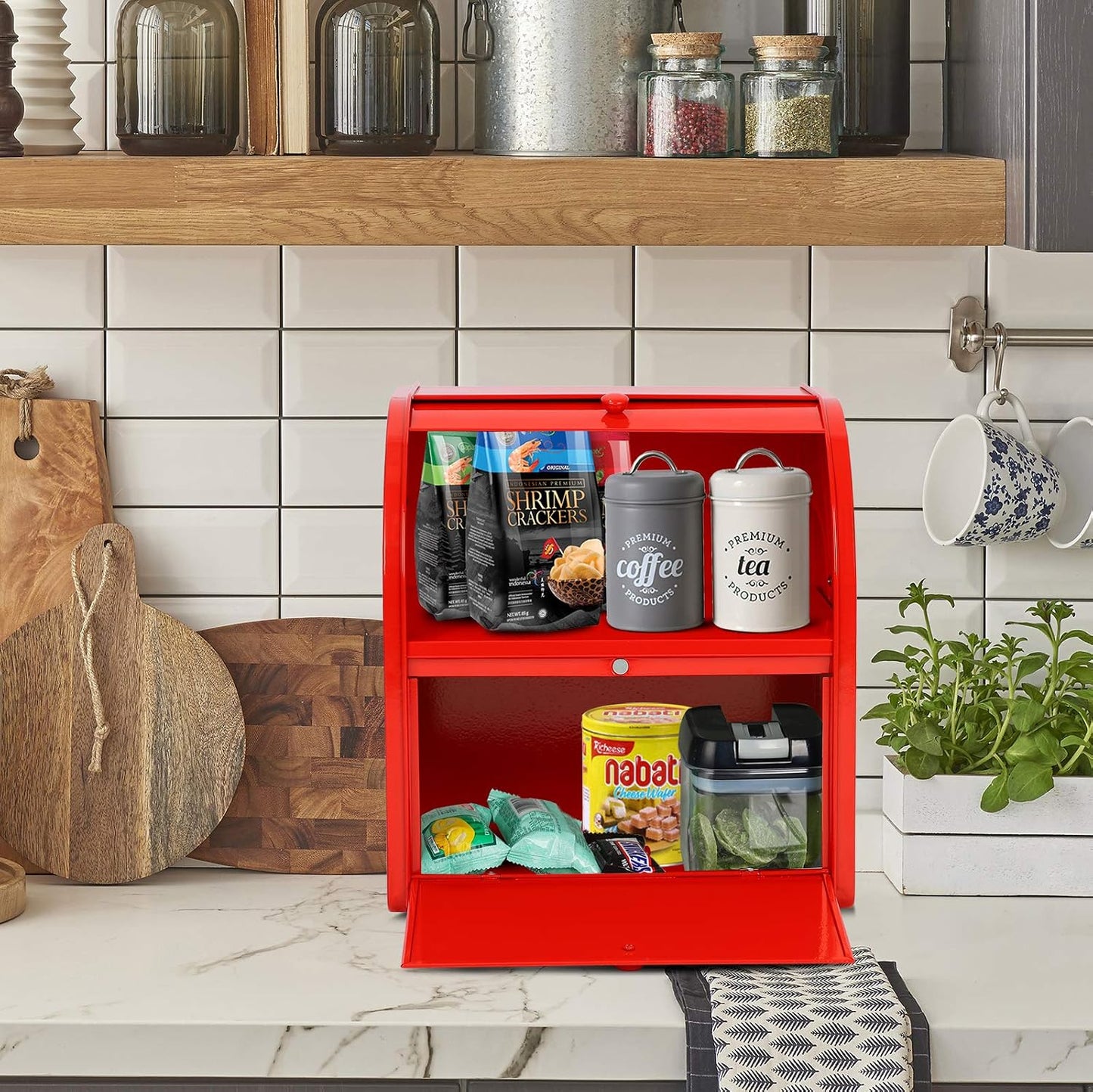 Bread Box, Metal Bread Box for Kitchen Countertop, 2 Layer Roll Top Bread Boxes, Stainless Steel Bread Storage, Kitchen