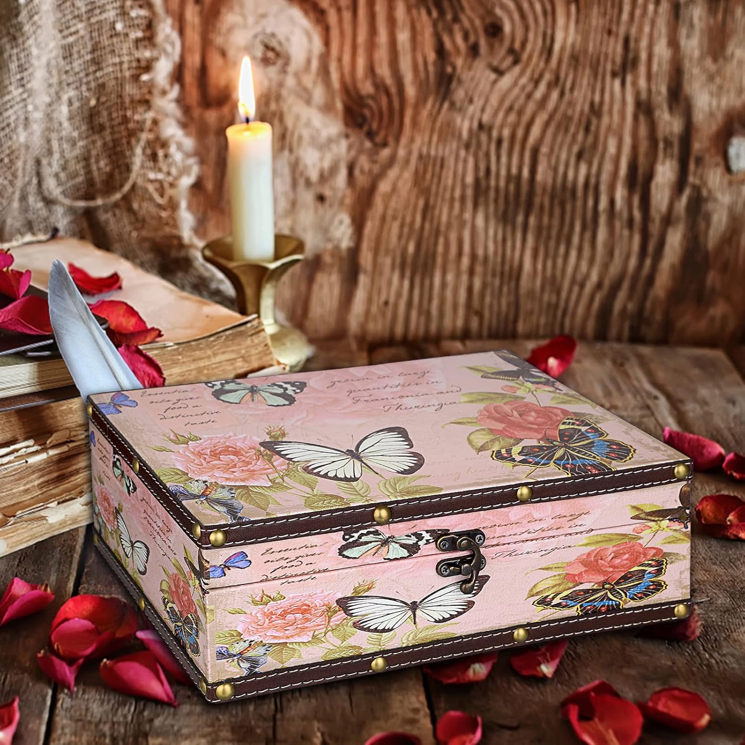 Wooden + PU Leather Storage Decorative Box for Jewelry Trinkets Photos / Butterfly Pattern