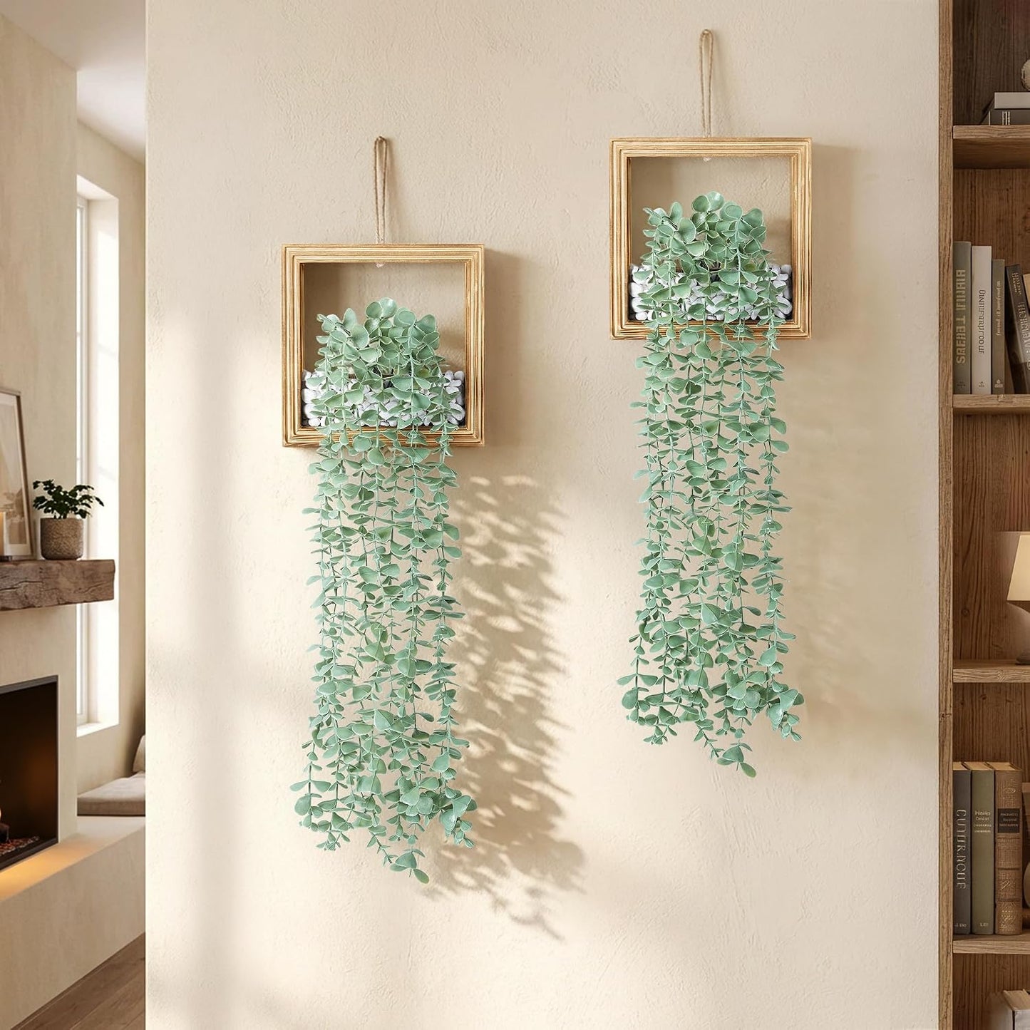 Artificial Eucalyptus Vines in Square Wooden Frame / 7.8" White / Set of 2