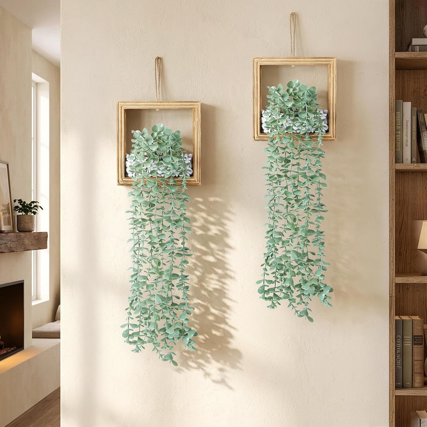 Artificial Eucalyptus Vines in Square Wooden Frame / 7.8" White / Set of 2