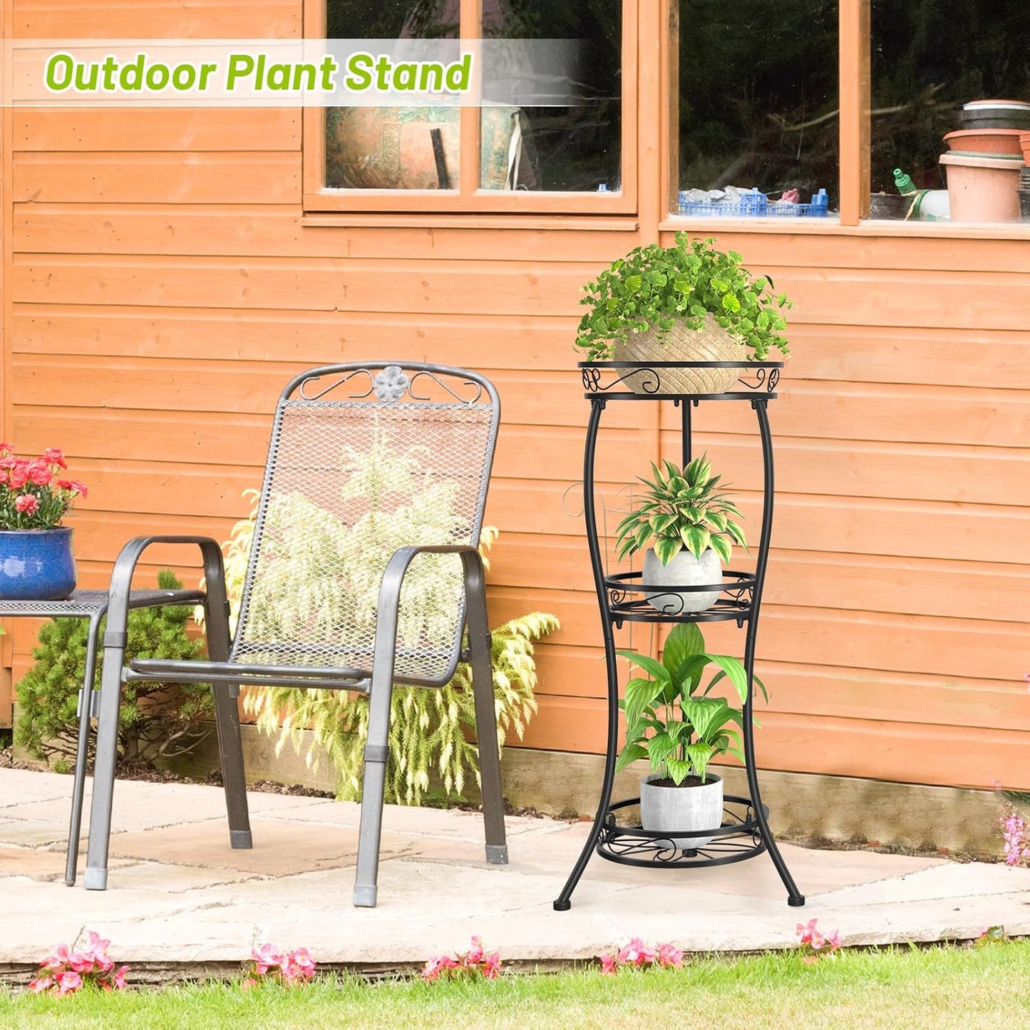 KMOTASUO 3 Tier Metal Plant Stand Tall for Indoor Outdoor Corner, Modern Black