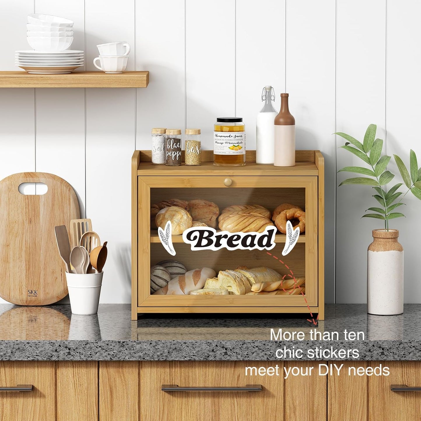 Goozii Bamboo Bread Box for Kitchen Countertop, Wooden Kitchen Counter Organizers and Storage for Bread, Coffee