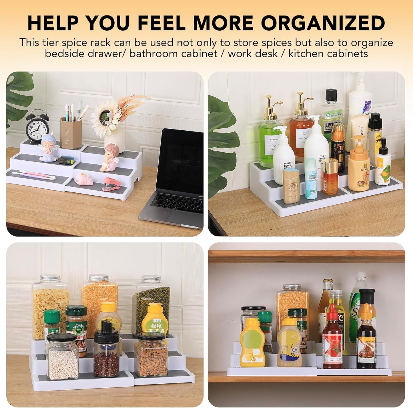 CiWiVOKi 3-Tier Expandable Spice Rack, Plastic Spice Rack Organizer for Cabinet, Adjustable Length, Non-Skid Spice