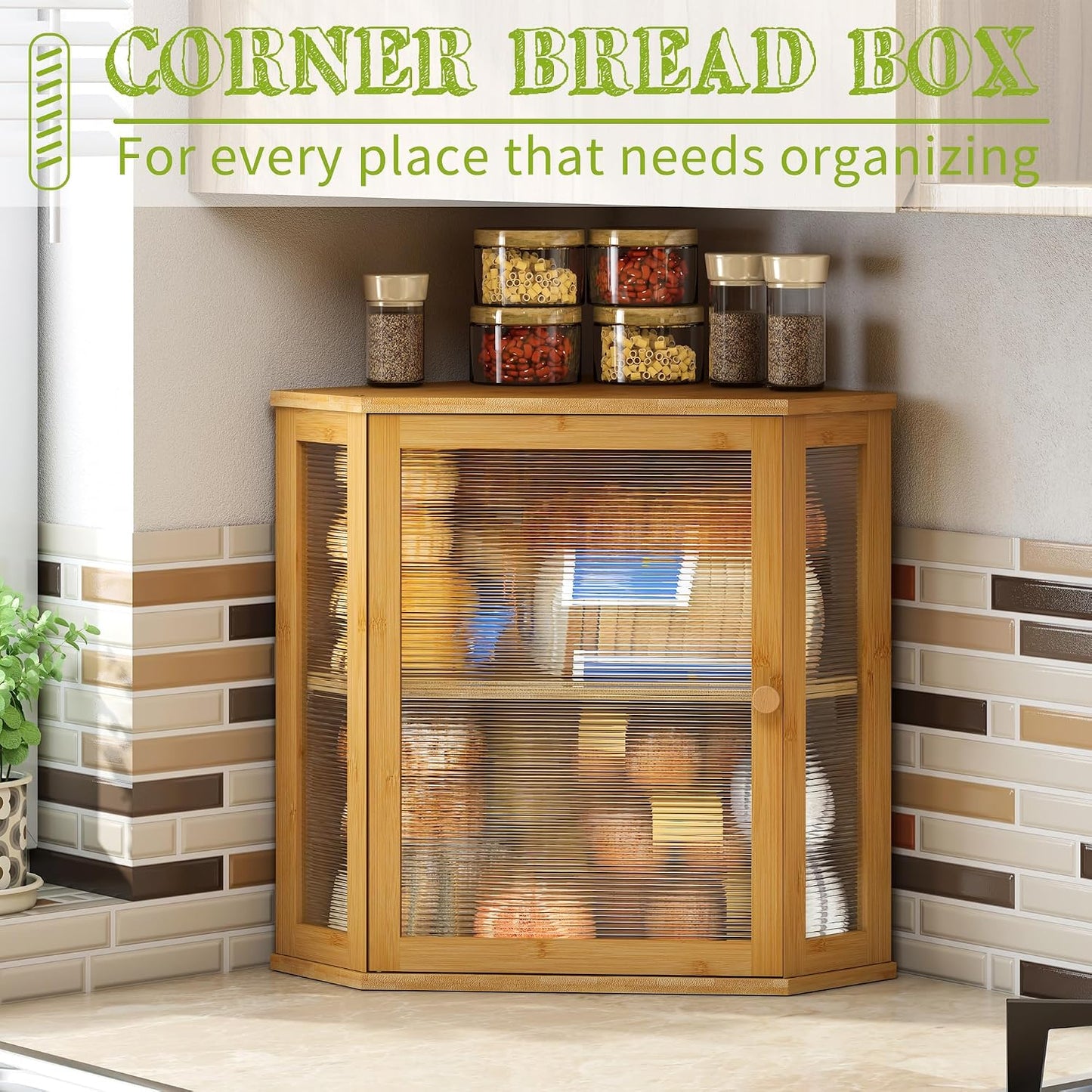 BMOSU Corner Bread Box for Kitchen Countertop Double Layer Bamboo Wooden Bread box Large Capacity Bread Storage