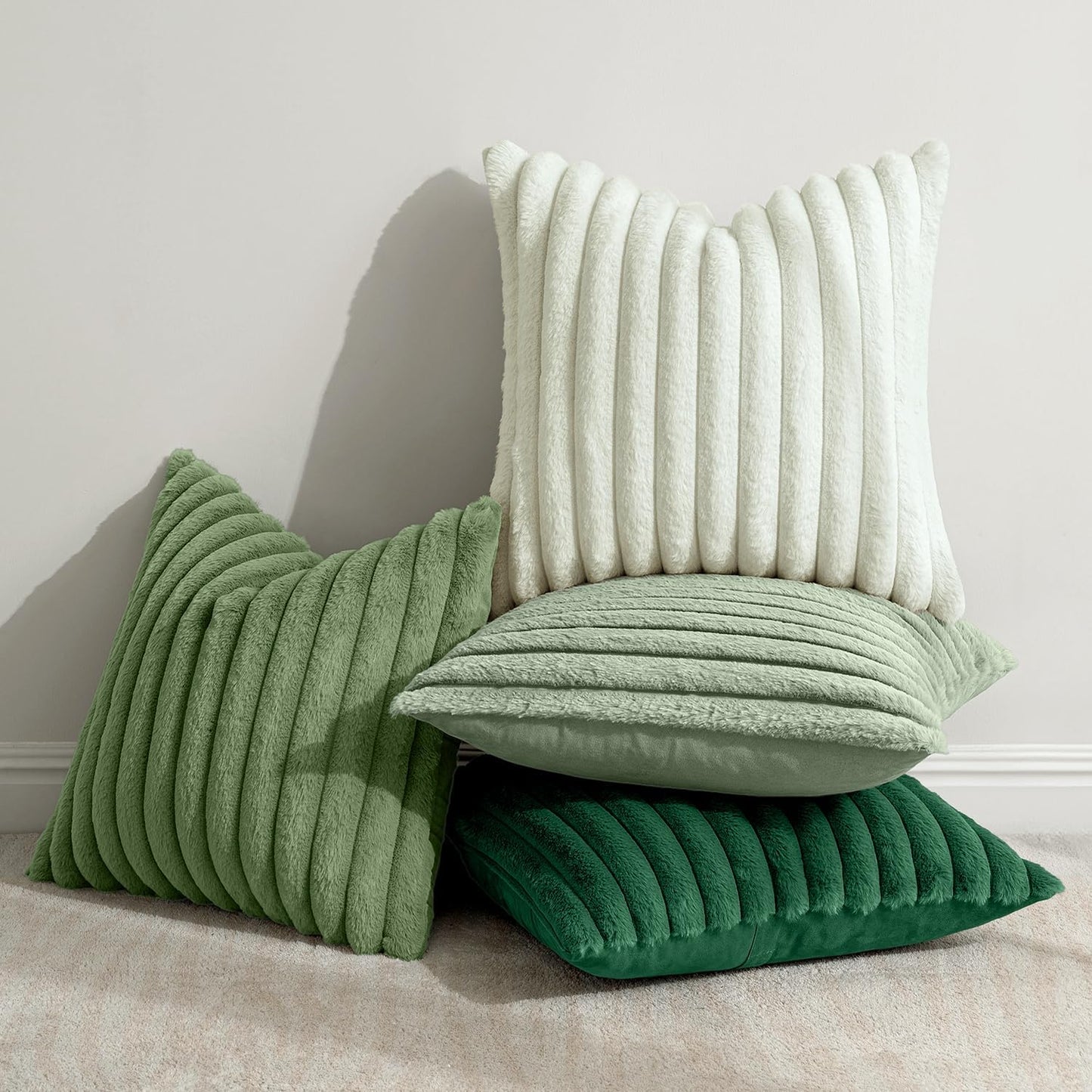 Faux Fur Plush Decorative Throw Pillow Covers / 18 x 18 / Green / Set of 4