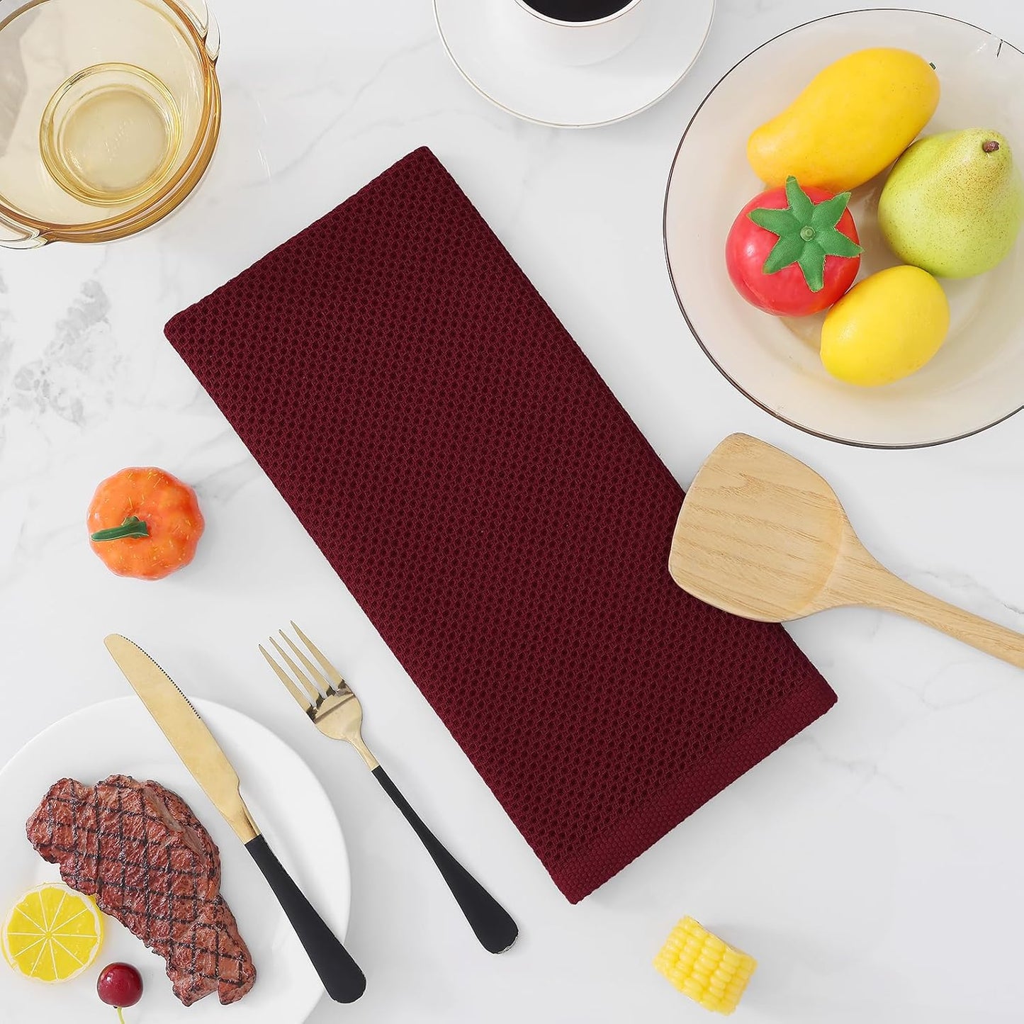 Homaxy 100% Cotton Waffle Weave Kitchen Dish Towels 12-Pack, Burgundy | 13 x 28 Inches, Ultra Soft Absorbent Dish