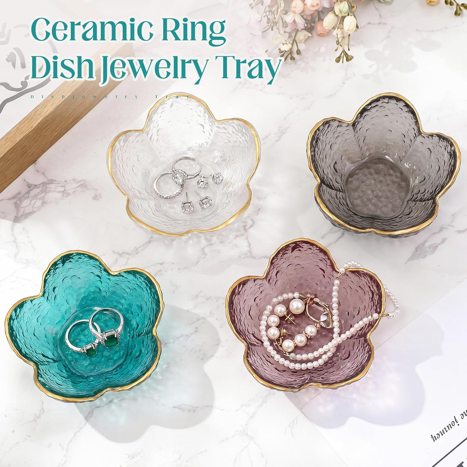 Jewelry Dish Small Flower Ring Holder Trinket Tray / Clear,purple, Gray, Green / Glass / Set of 4