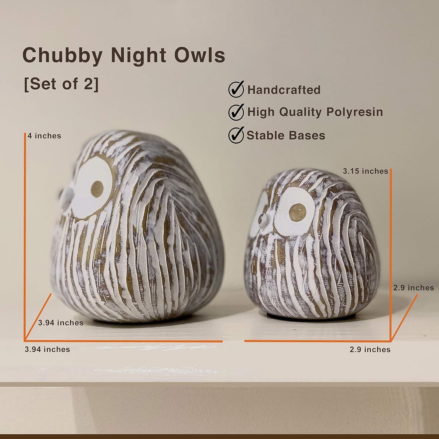 Chubby Night Owl Decor Statue Sculpture / Rustic Brown / Set of 2