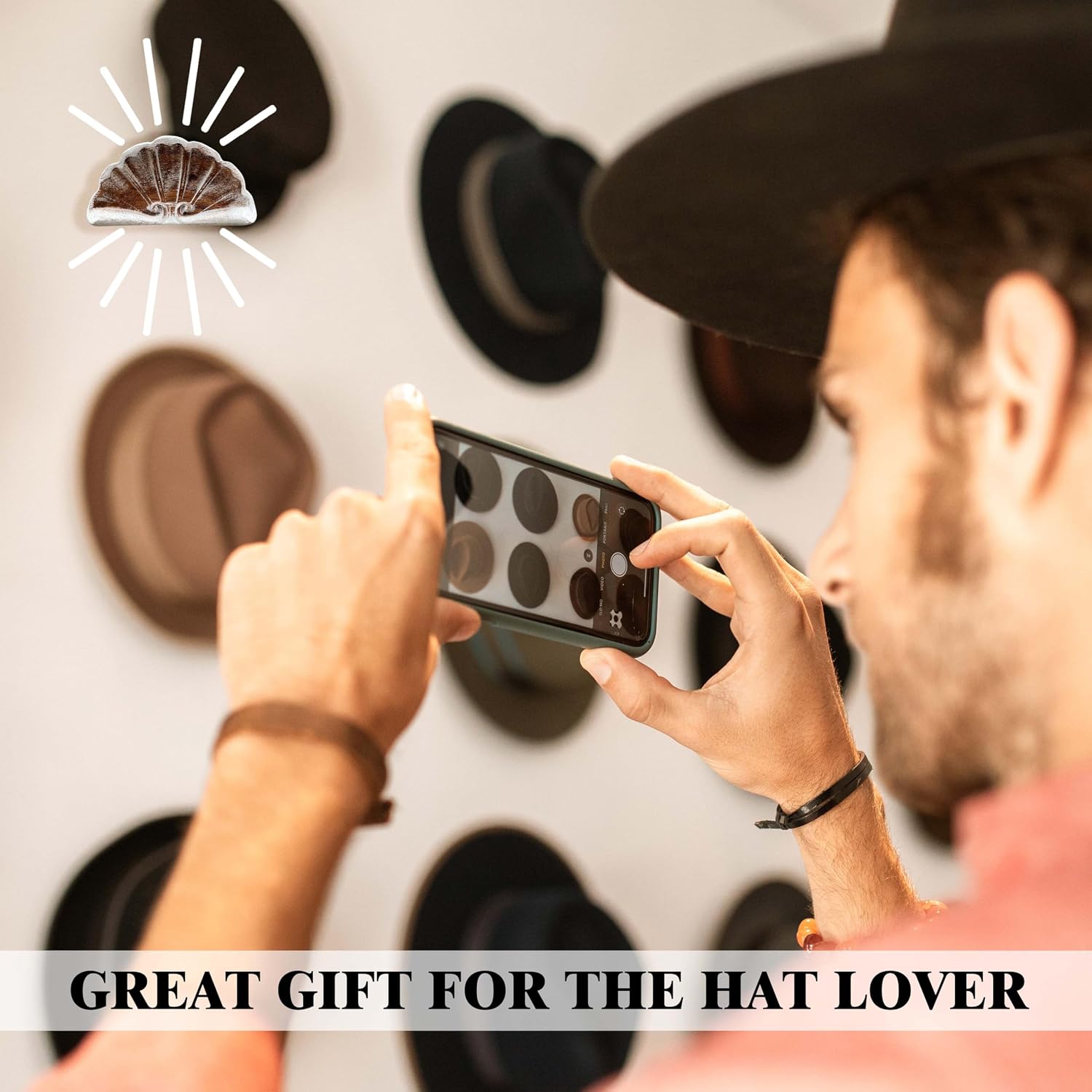 Hat Hooks for Wall Cowboy, Retro Hat Hangers for Display, Hat Holder for Baseball Caps Organizer, Natural Curved Hat