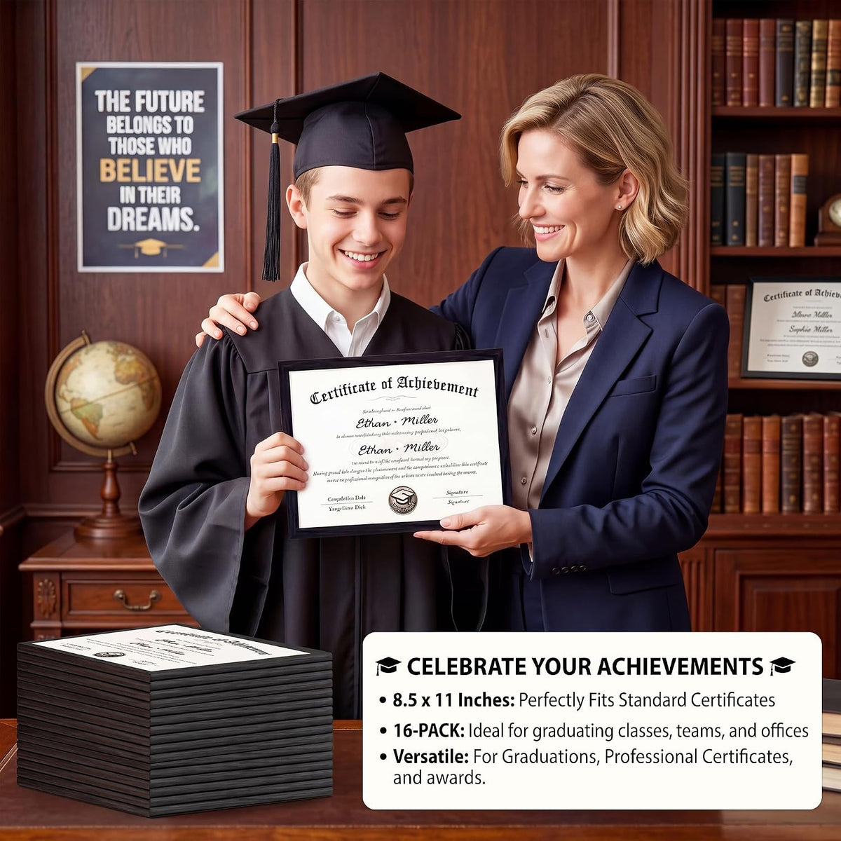 Wiscet 8.5x11 Picture Frame Set of 16, Certificate Diploma Document Frames | Black Woodgrain, for Wall or Tabletop