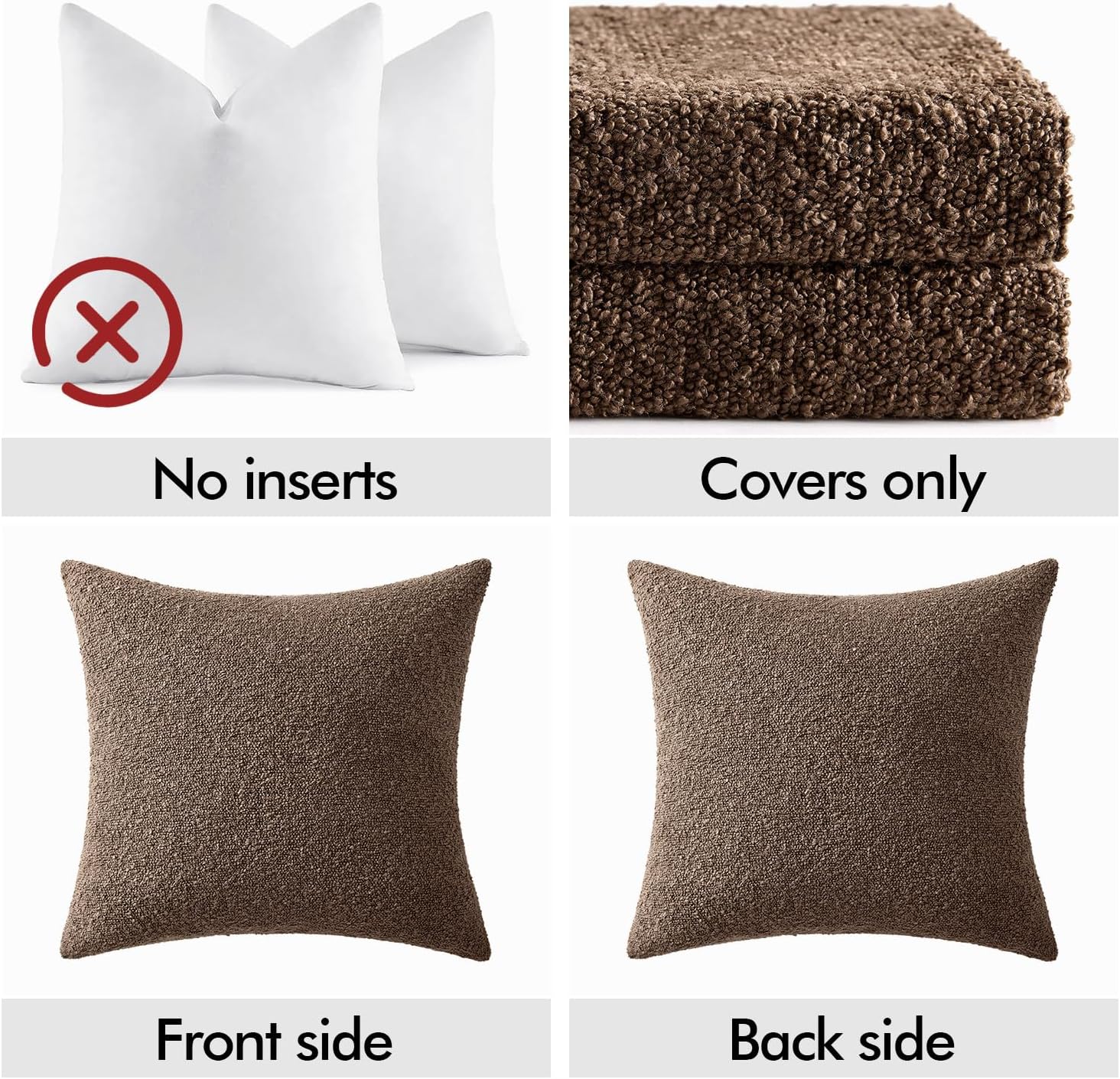 Textured Boucle Throw Pillow Covers Soft Accent Solid Cushion / Dark Coffee / 18 x 18 / Set of 2