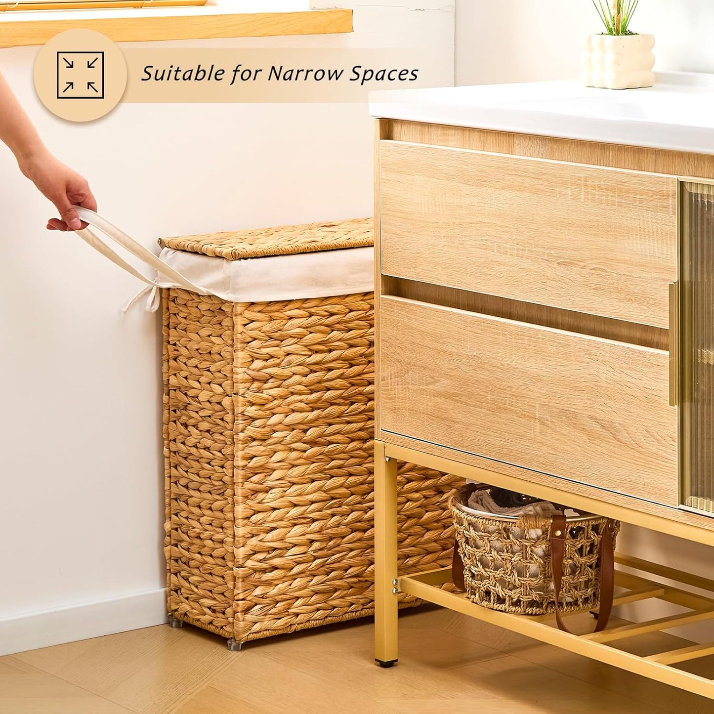 Narrow Wicker Laundry Basket / Hyacinth with Lid / 55L / Natural