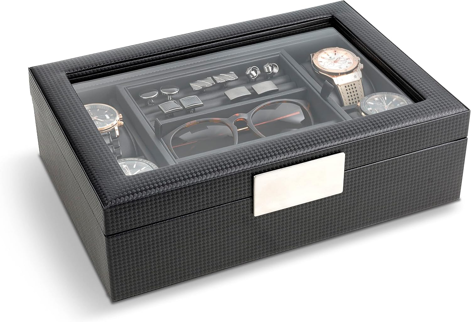 Glenor Co Valet Jewelry Box for Men - Holds 4 Watches, 12 cufflinks, 2 Sunglasses & Tray Storage - Mens Watch Case