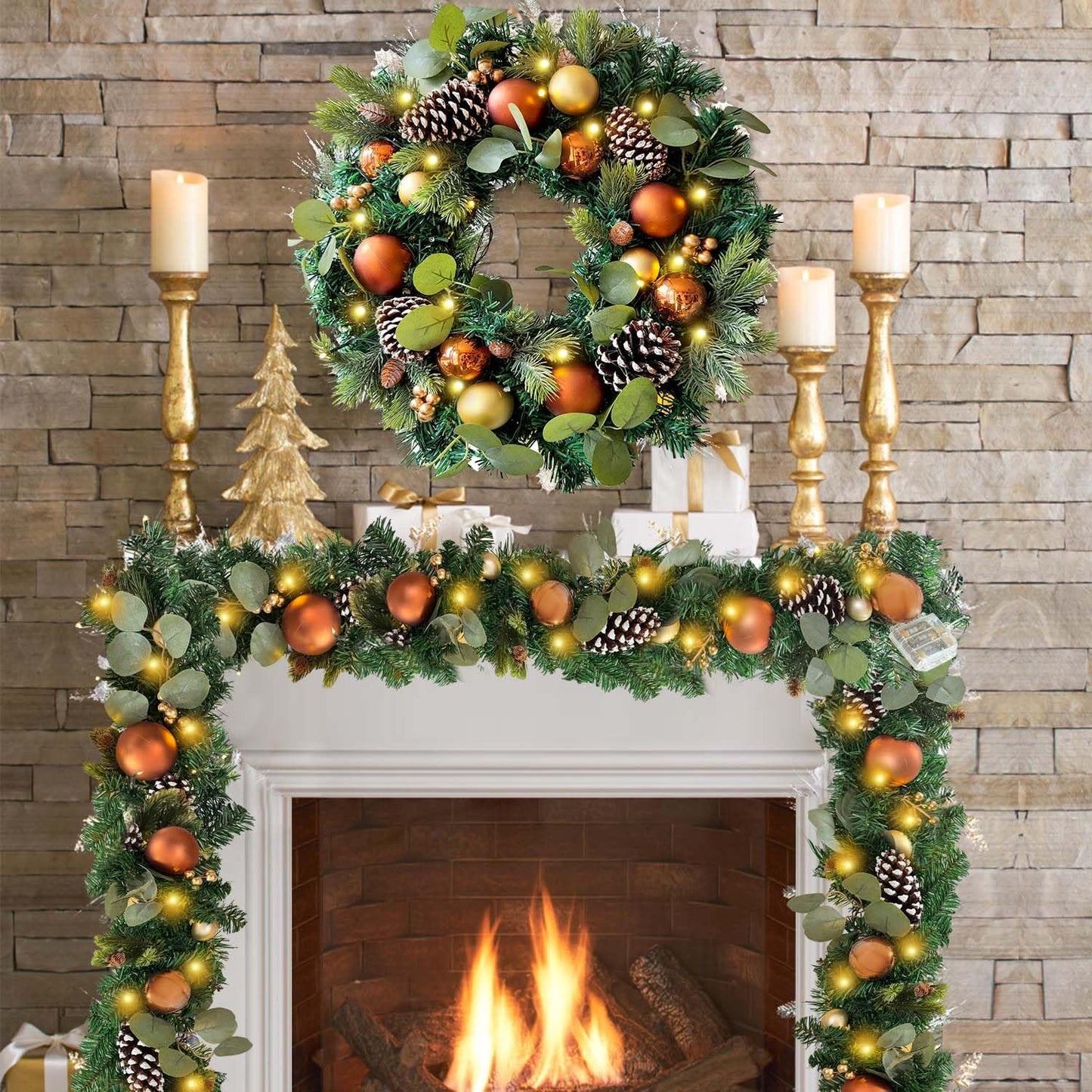 WANNA-CUL Pre-Lit 6ft Copper Gold Christmas Garland with 30 LED Lights | Timer Winter Xmas Lighted Garland for Mantel