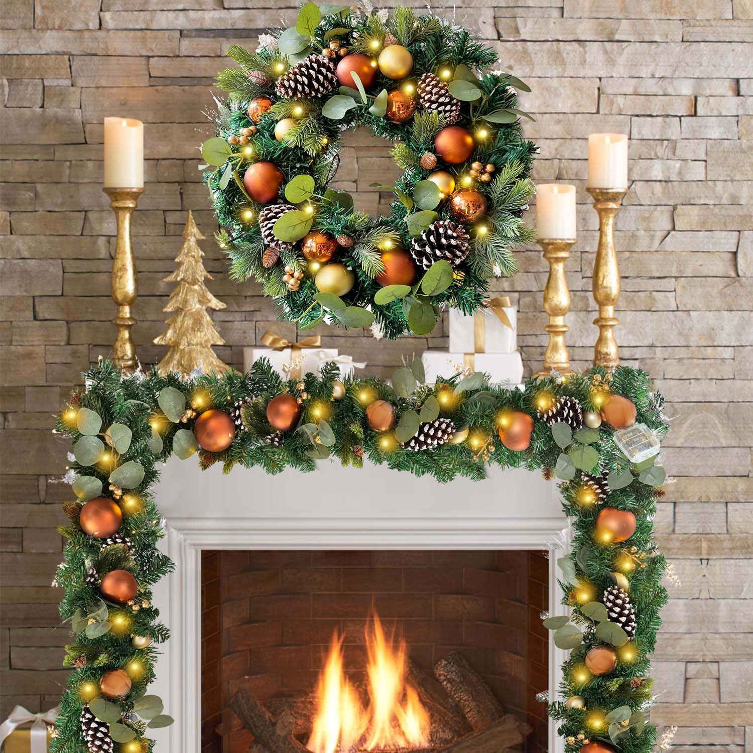 WANNA-CUL Pre-Lit 6ft Copper Gold Christmas Garland with 30 LED Lights | Timer Winter Xmas Lighted Garland for Mantel
