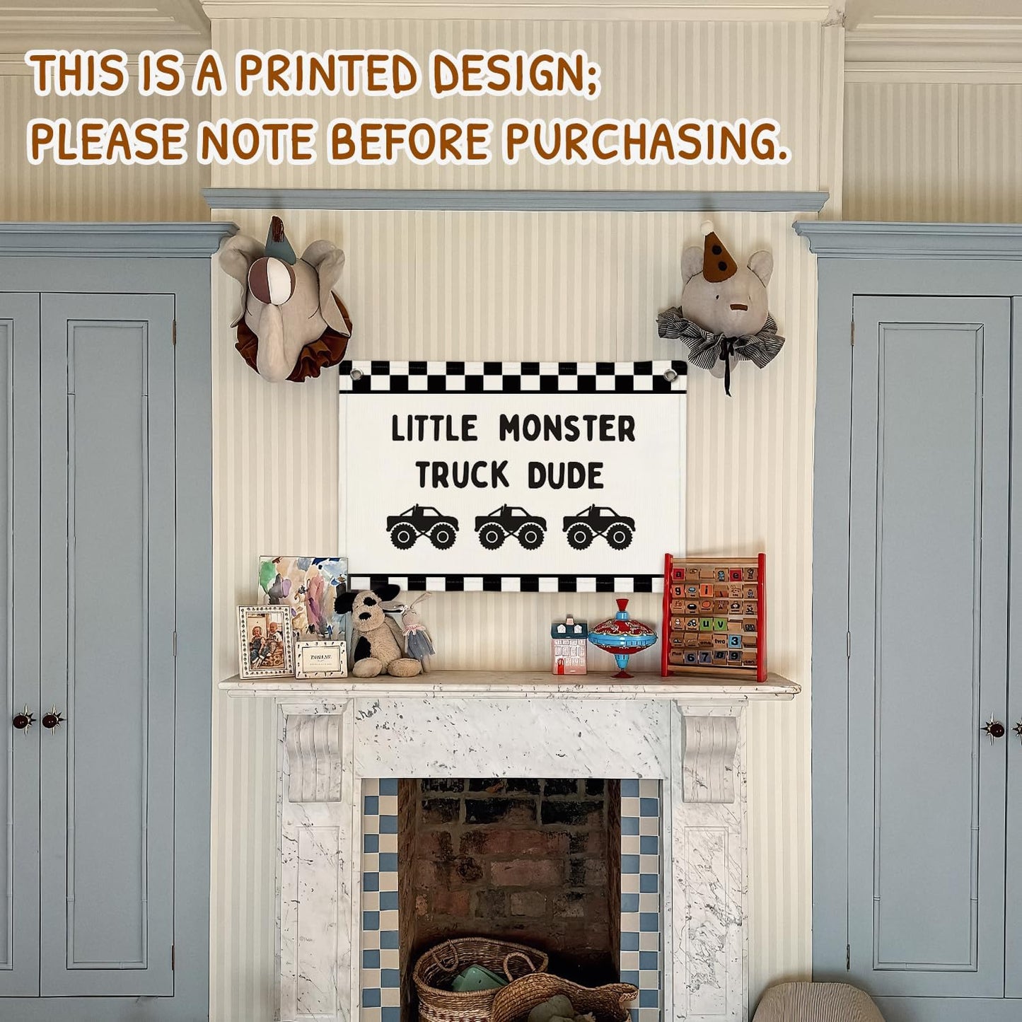 Car Themed Room Decor Canvas Banner Wall Decor / Little Monster Truck Dude / Black