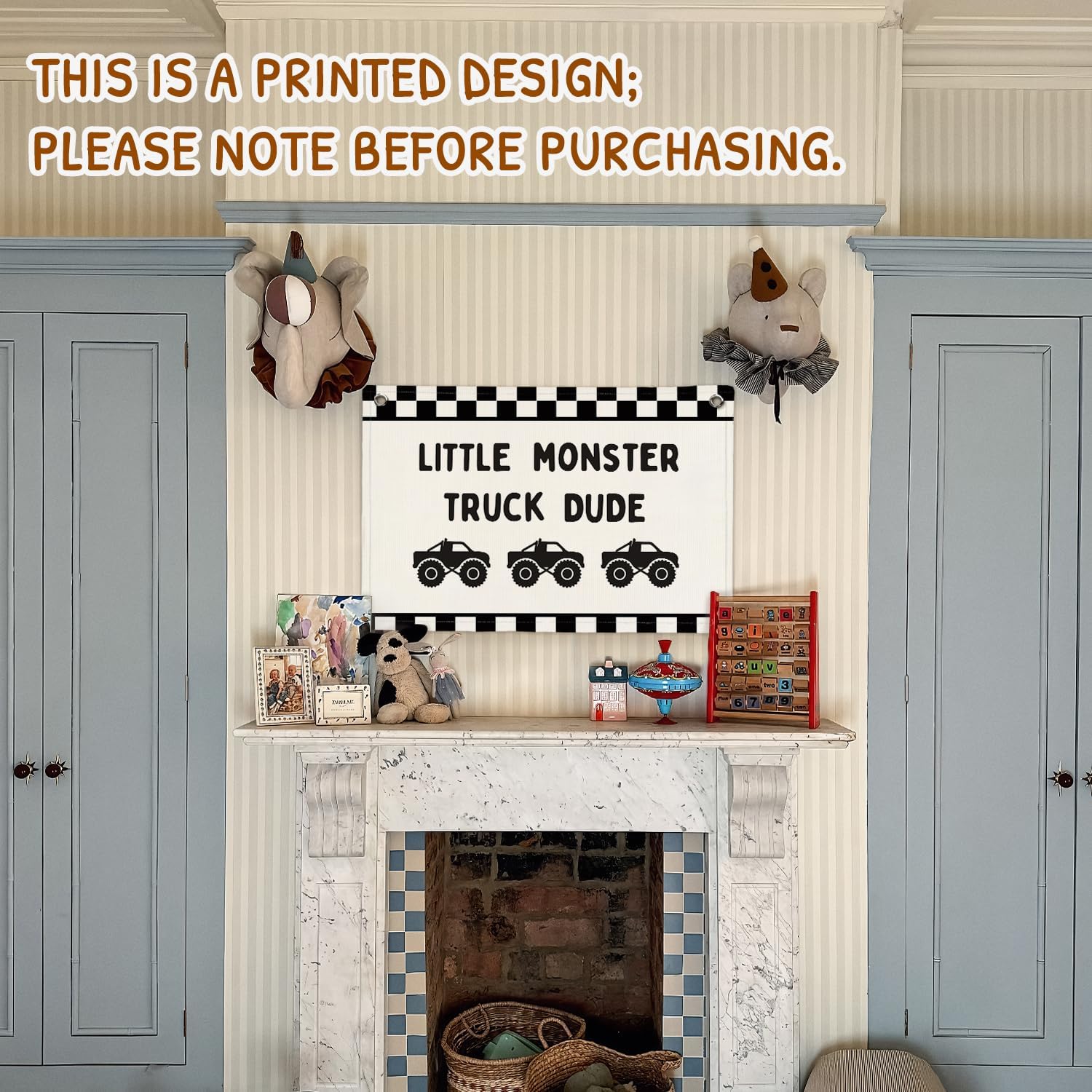 Car Themed Room Decor Canvas Banner Wall Decor / Little Monster Truck Dude / Black
