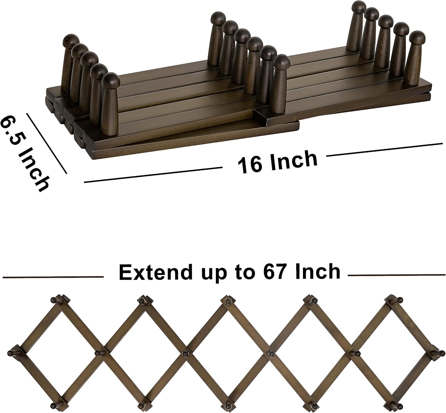 Accordion Wall Hanger:16'' High Wooden Wall Expandable Coat Rack,Hat Rack Holder,Accordion Hook for Baseball