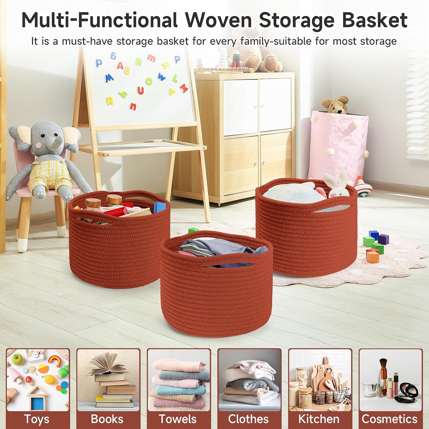 Round Woven Basket / Brick Red / Set of 3