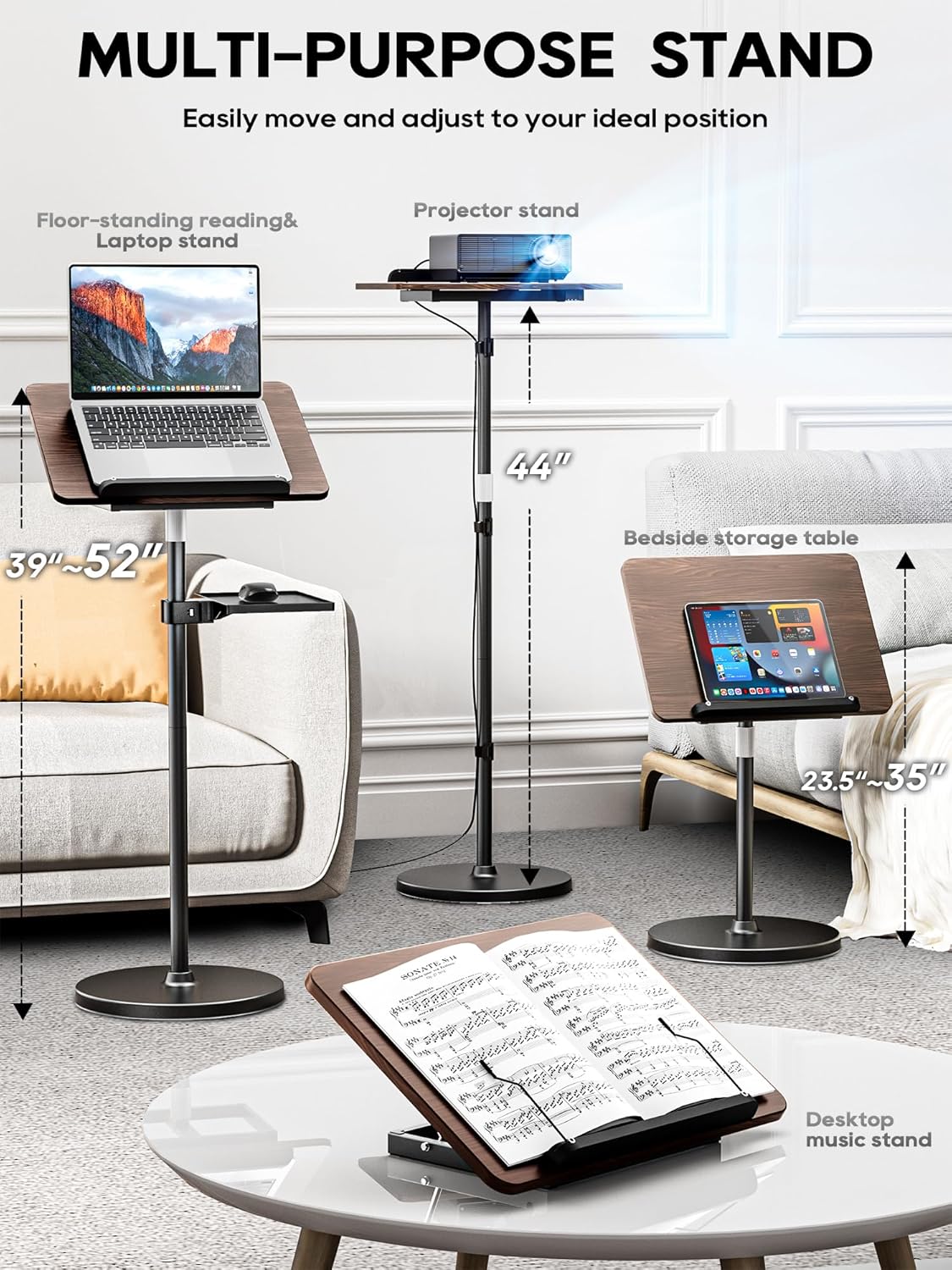 2 in 1 Adjustable Book Stand - Dual-Use Floor and Desktop Book Holder Stand, Height Adjustable 23.5-52 in, Elastic Page