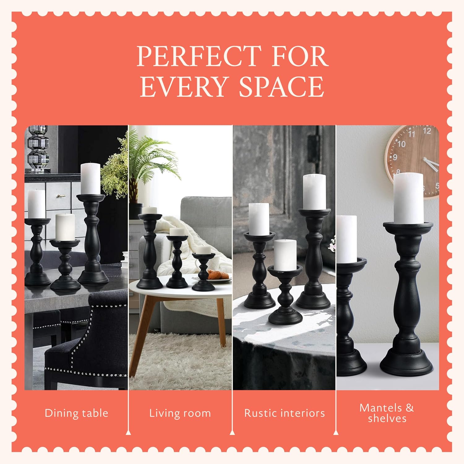 Tuli Mango Wood Candle Holders - Matte Black, Set of 3 | 6", 9" and 12" hand-carved candle holders for table, mantel