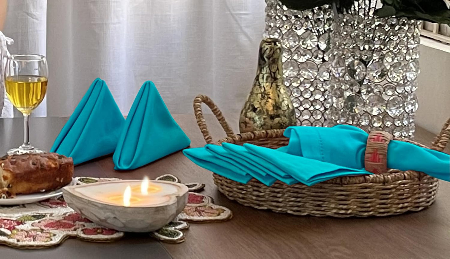 Bedding Craft Cotton Cloth Dinner Napkins Set of 12 – 18x18 Teal Hemstitched with Decorative Selvedge Holes & Mitered