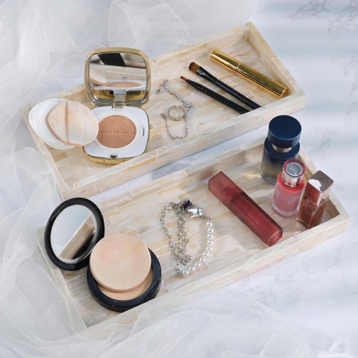 11" Wooden Vanity Tray for Perfume Makeup Kitchen Sink / White Tile / Set of 2