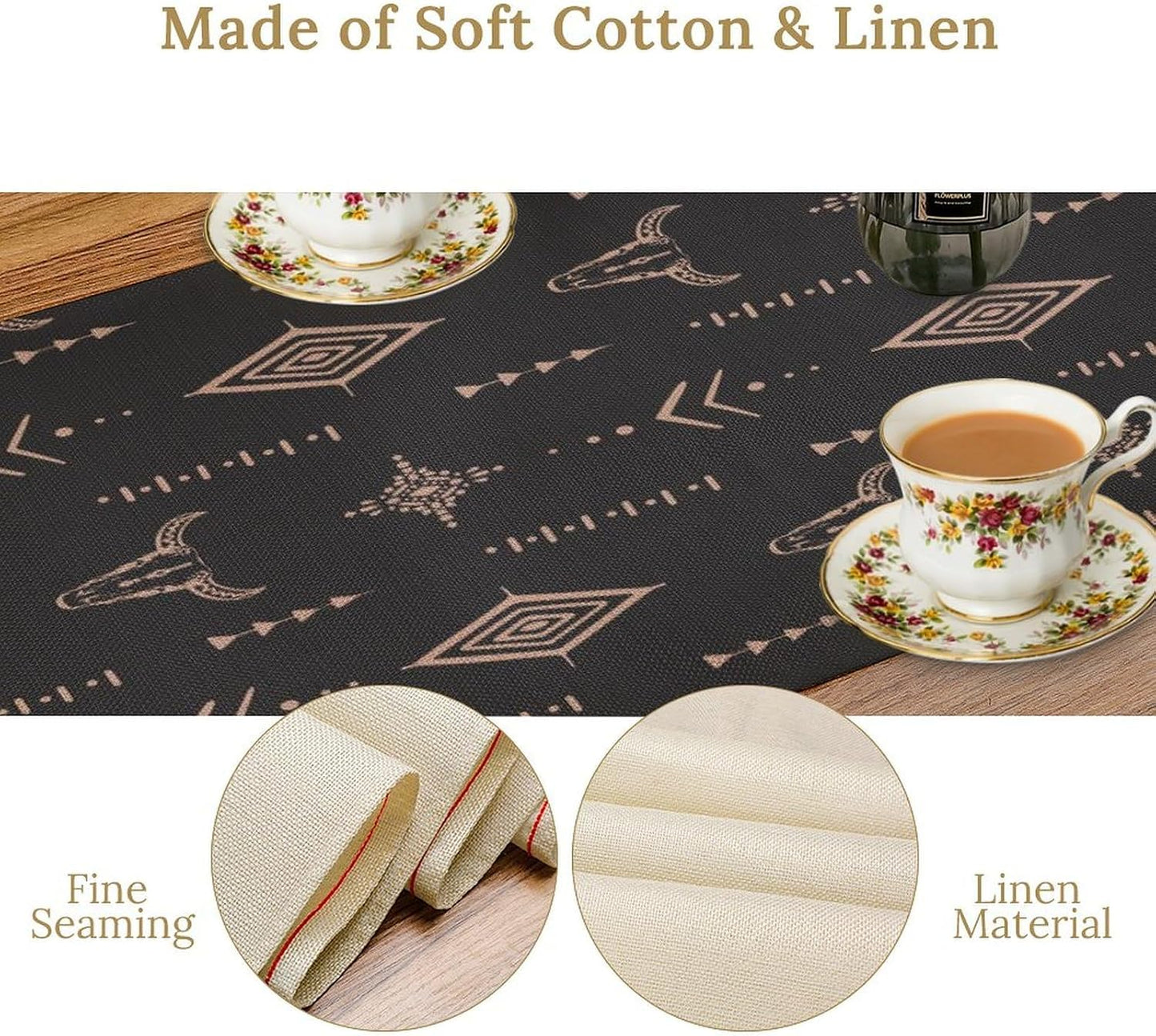 Western Cow Skull Table Runner,Vintage Western Boho Style Aztec Cow Ethnic Background Minimalist Pattern Printed Linen