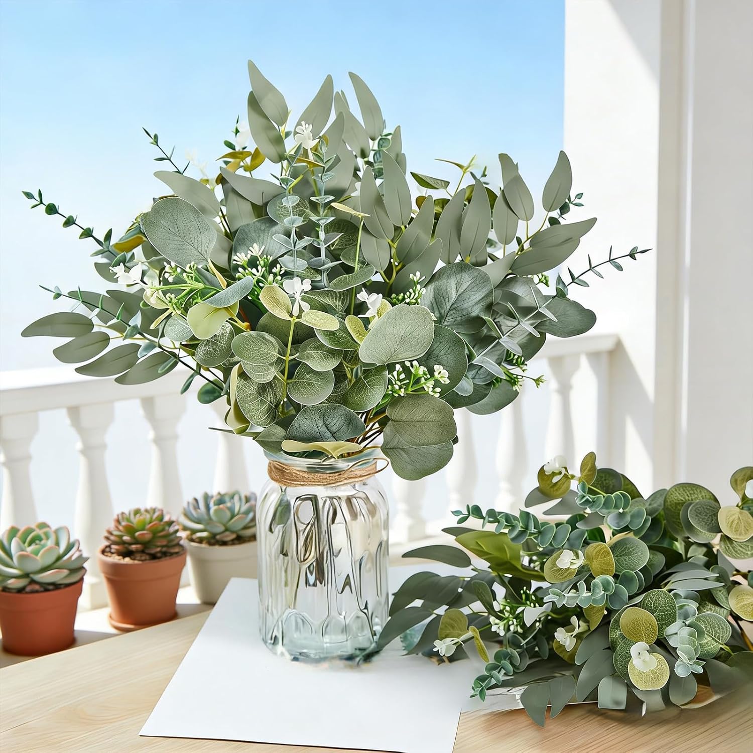Vase Fillers / Artificial Mixed Eucalyptus Stems Leaves Bulk / Green and White / Set of 30
