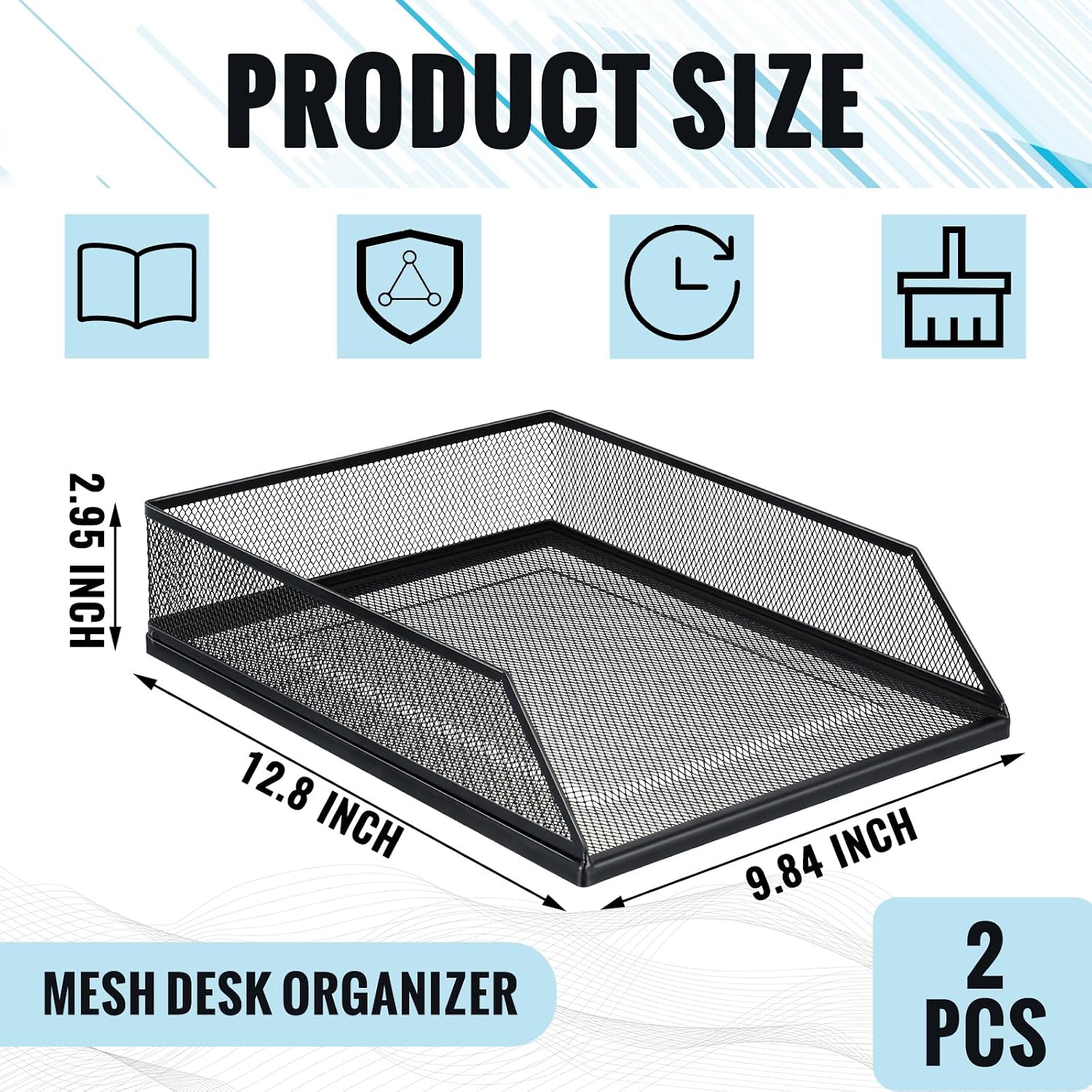 Hicarer 2 Pcs Black Metal Letter Tray Stackable Desk Tray Single Wire Mesh Organizer Front Load File Paper Holder for