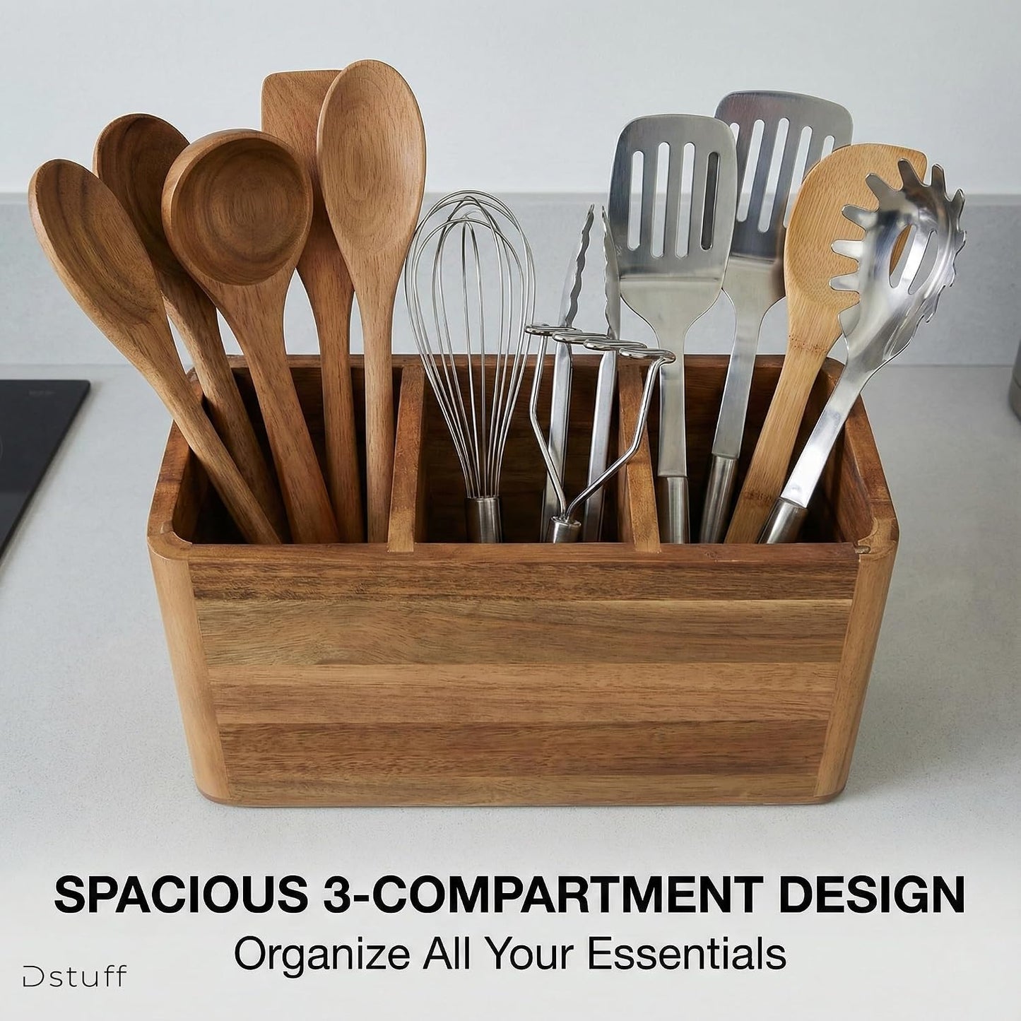 Dstuff Wood Utensil Holder for Kitchen Counter - Large Kitchen Utensil Holder for Countertop - Acacia Wooden Utensil