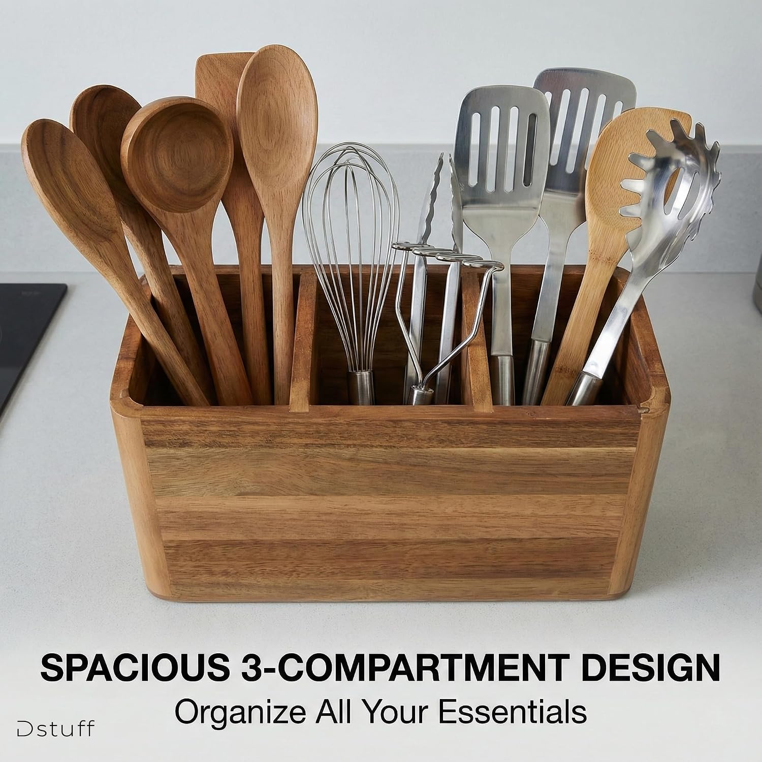 Dstuff Wood Utensil Holder for Kitchen Counter - Large Kitchen Utensil Holder for Countertop - Acacia Wooden Utensil
