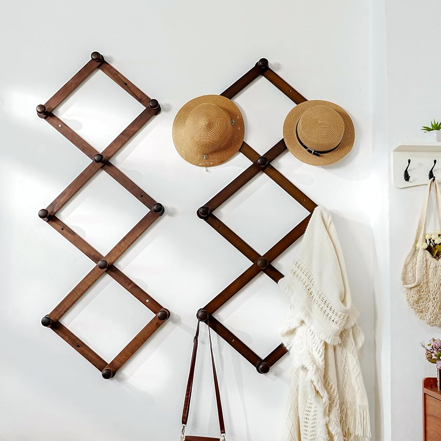 Expandable Coat Rack (Larger Version) - 24” High, Anti-Slip, Ultra Heavy Duty Wooden Accordian Wall Hanger with 10