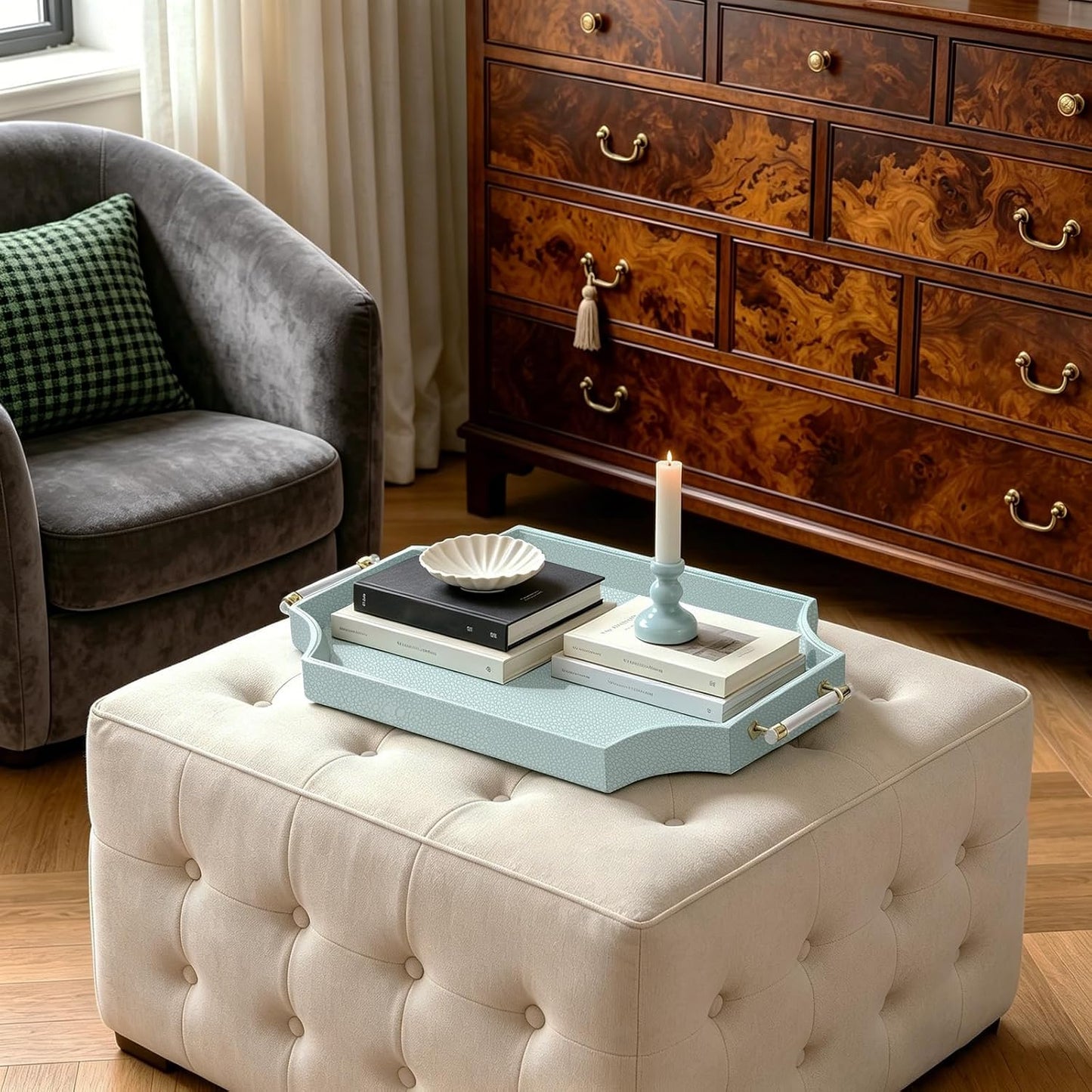 22.6'' x 13'' Coffee Table Tray Shagreen Decorative Tray / Light Aqua / 22.6 x 13 x 2 / Gold