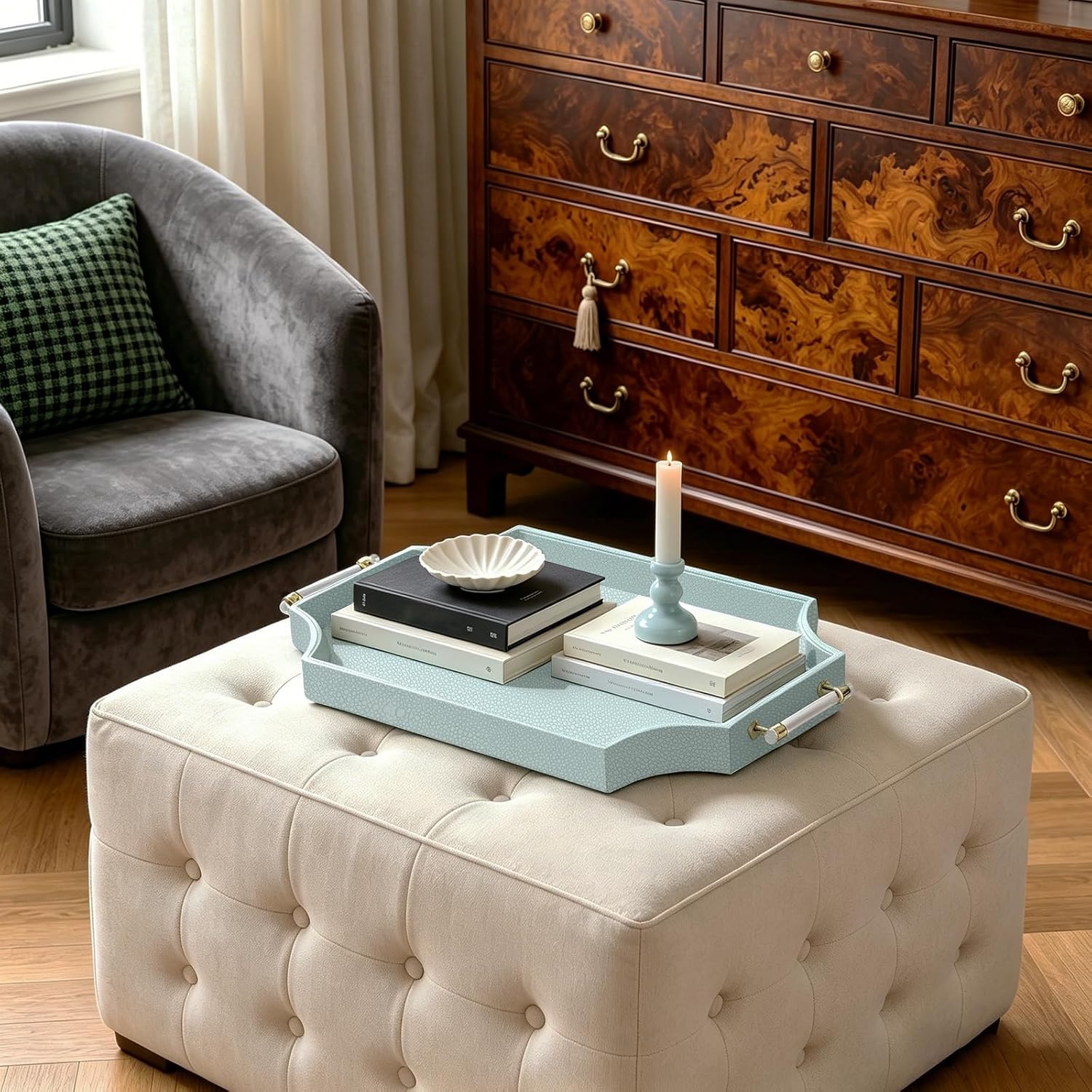 22.6'' x 13'' Coffee Table Tray Shagreen Decorative Tray / Light Aqua / 22.6 x 13 x 2 / Gold