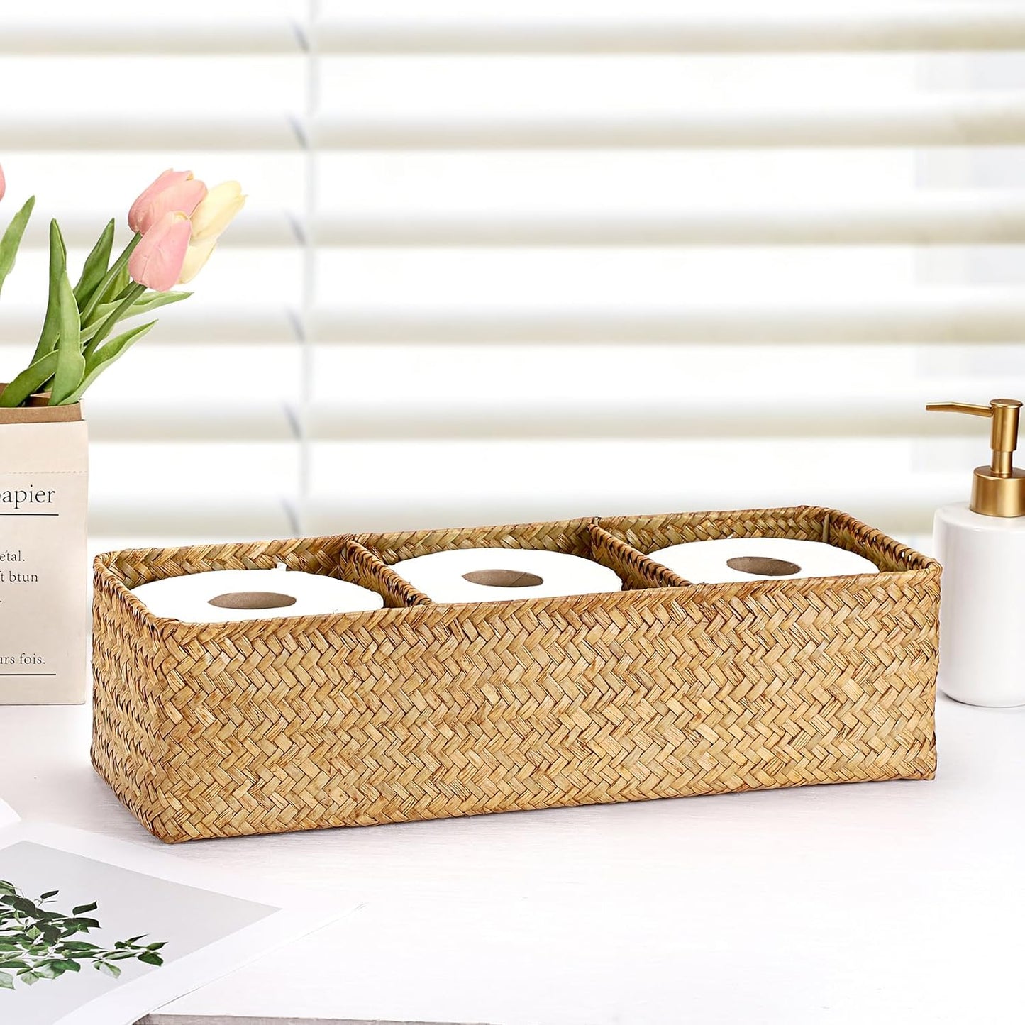 Handwoven Seagrass Storage Basket 3 Sections Toilet Tank Paper Organizer / Large / Caramel