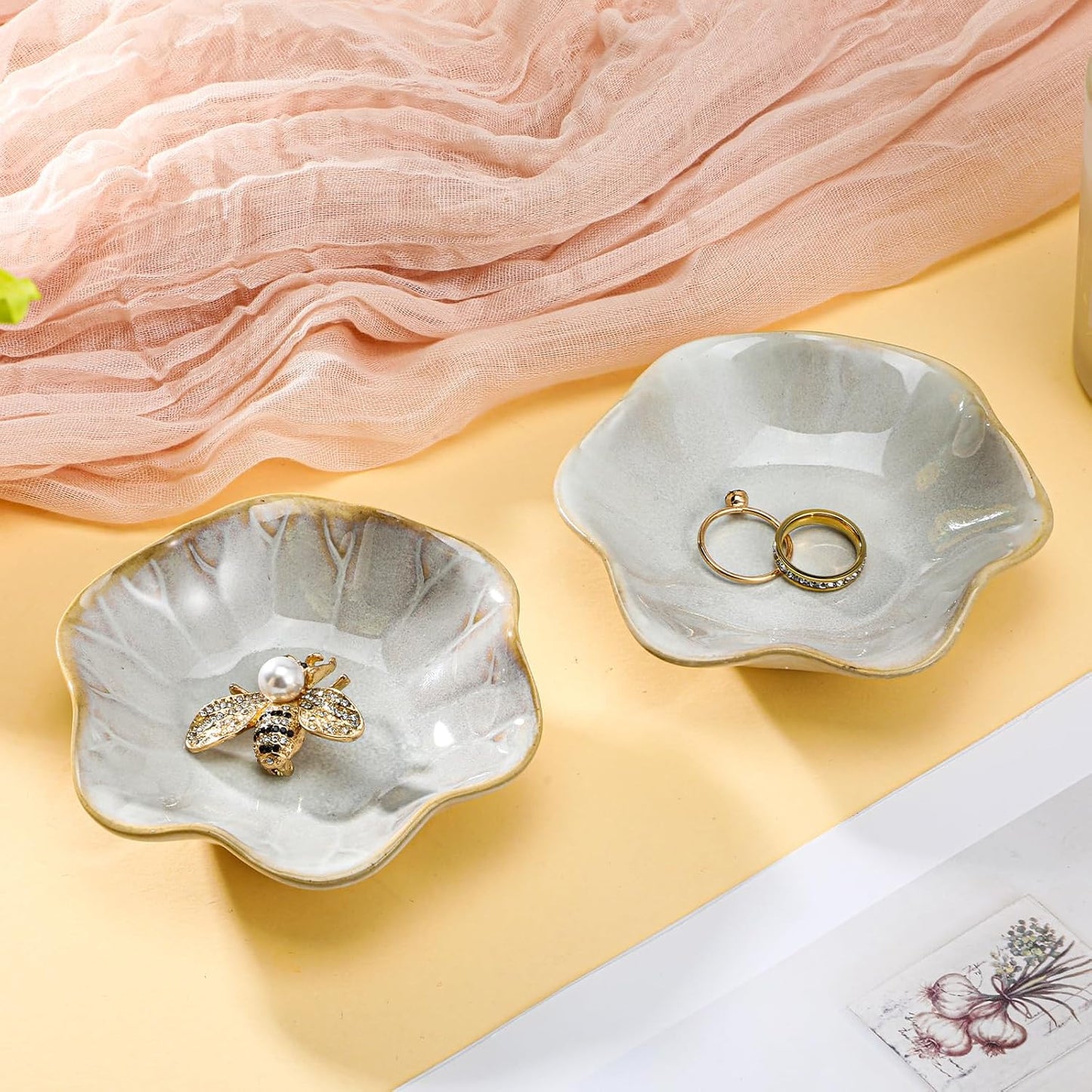 Lotus Leaf Ceramic Ring Dish Jewelry Dish Holder Small Trinket Tray Plate for Earrings / Set of 8