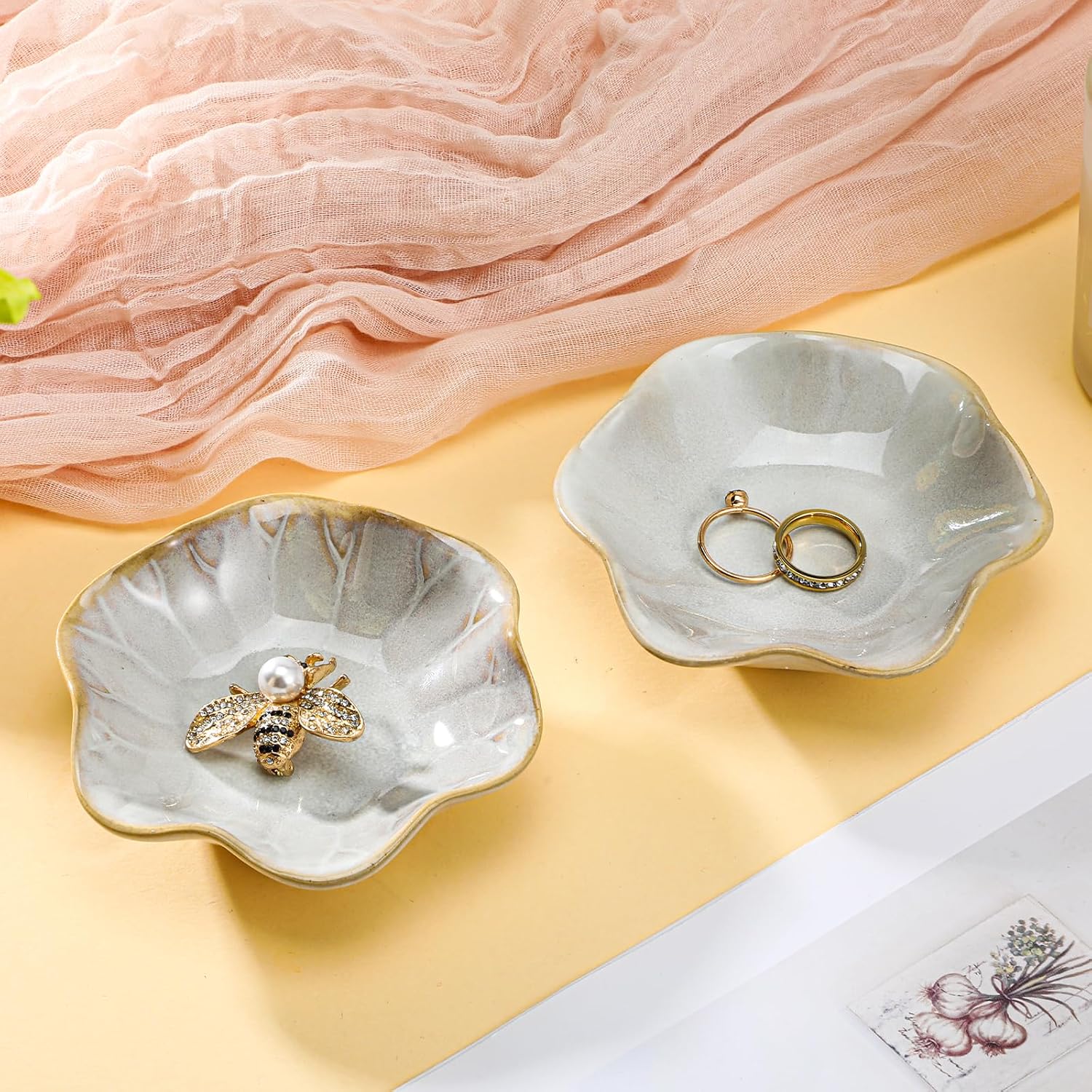 Lotus Leaf Ceramic Ring Dish Jewelry Dish Holder Small Trinket Tray Plate for Earrings / Set of 8