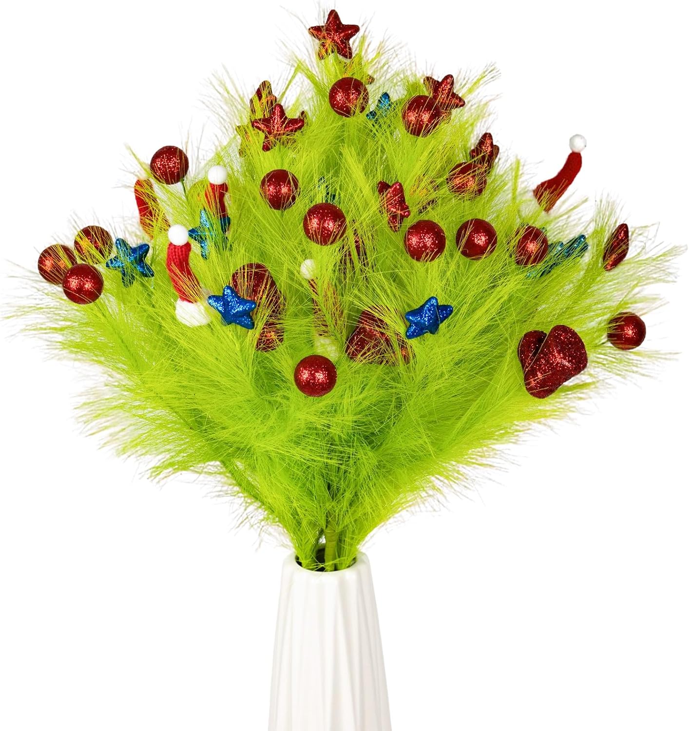 Green Faux Pampas Grass Décor 36"/ 54-Sprigs Large Artificial Pompas / Red&green / 3 Inch / Set of 6