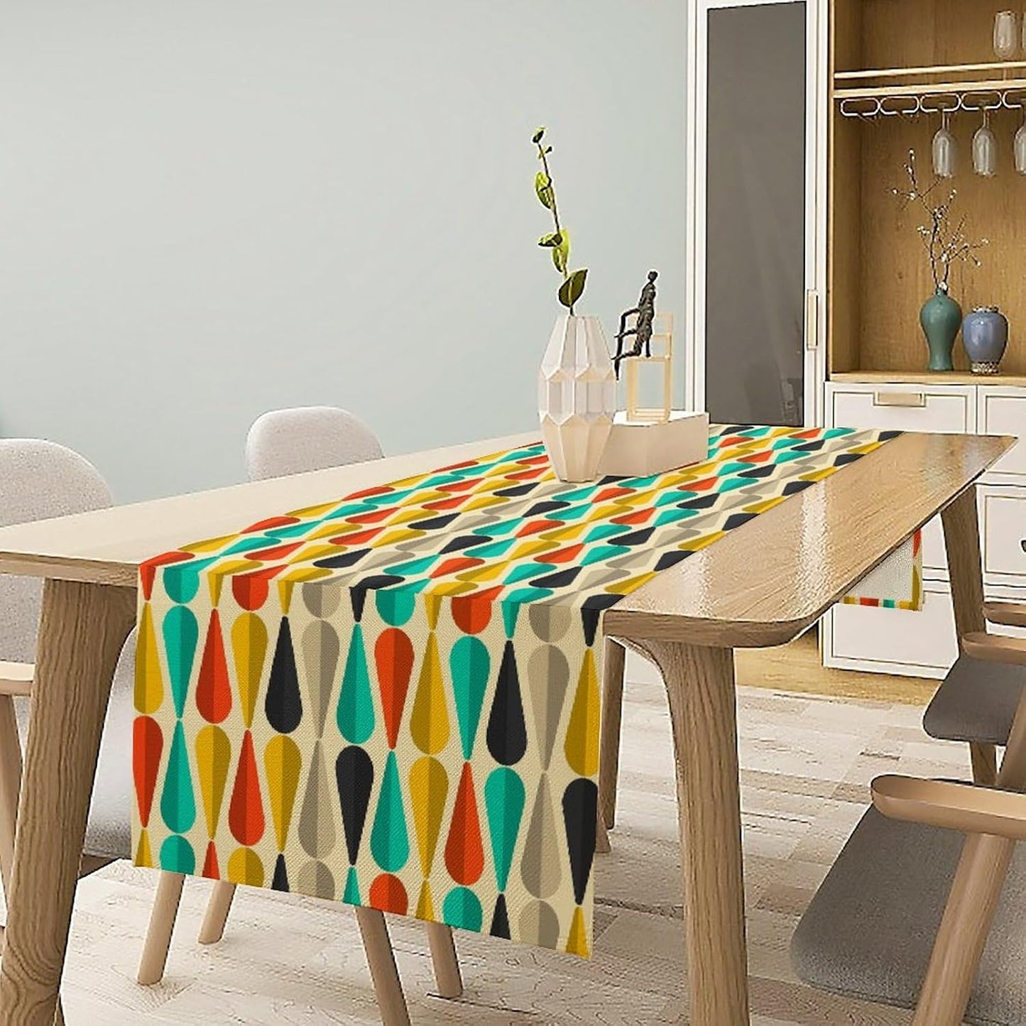 Mid Century Table Runner, Abstract Aesthetic Geometric Mid Century Retro Modern Patterns Printed Linen Table Runner for
